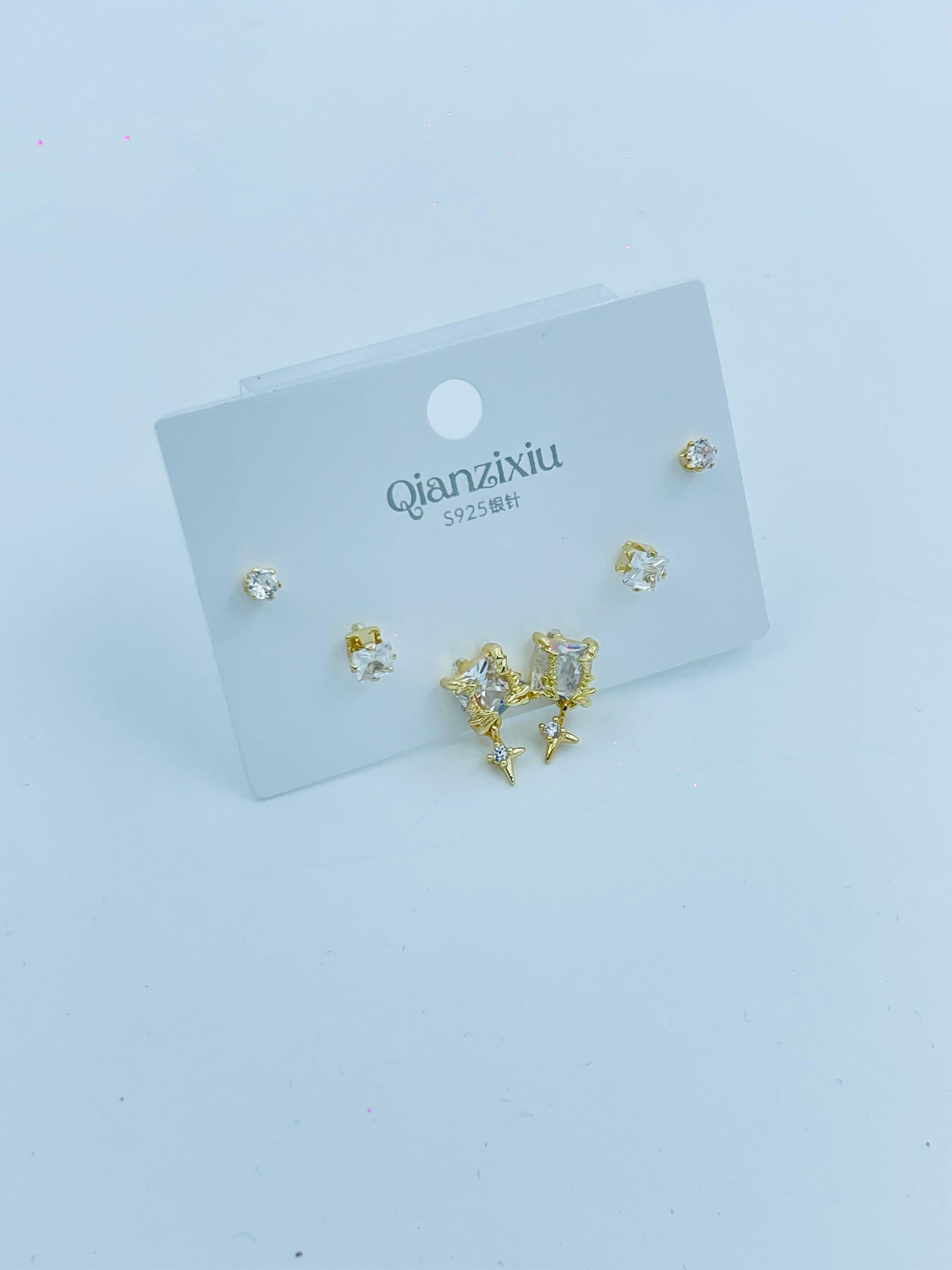 Gold-Plated 3 Pair Stud Earrings Set | Crystal & Dangling Charm Design