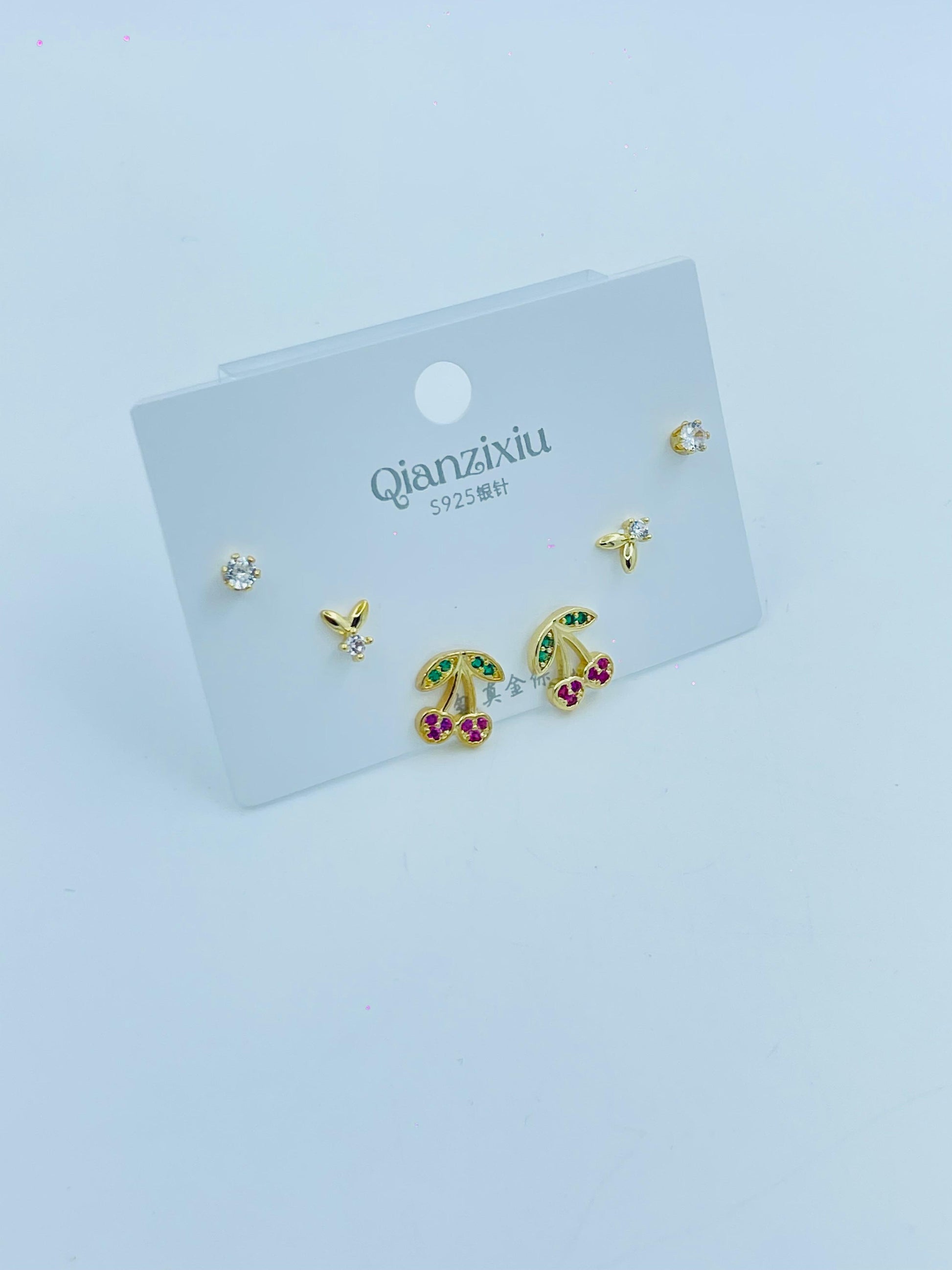 Cute Cherry-Themed 3 Pair Earring Set | Gold-Plated Stud Combo