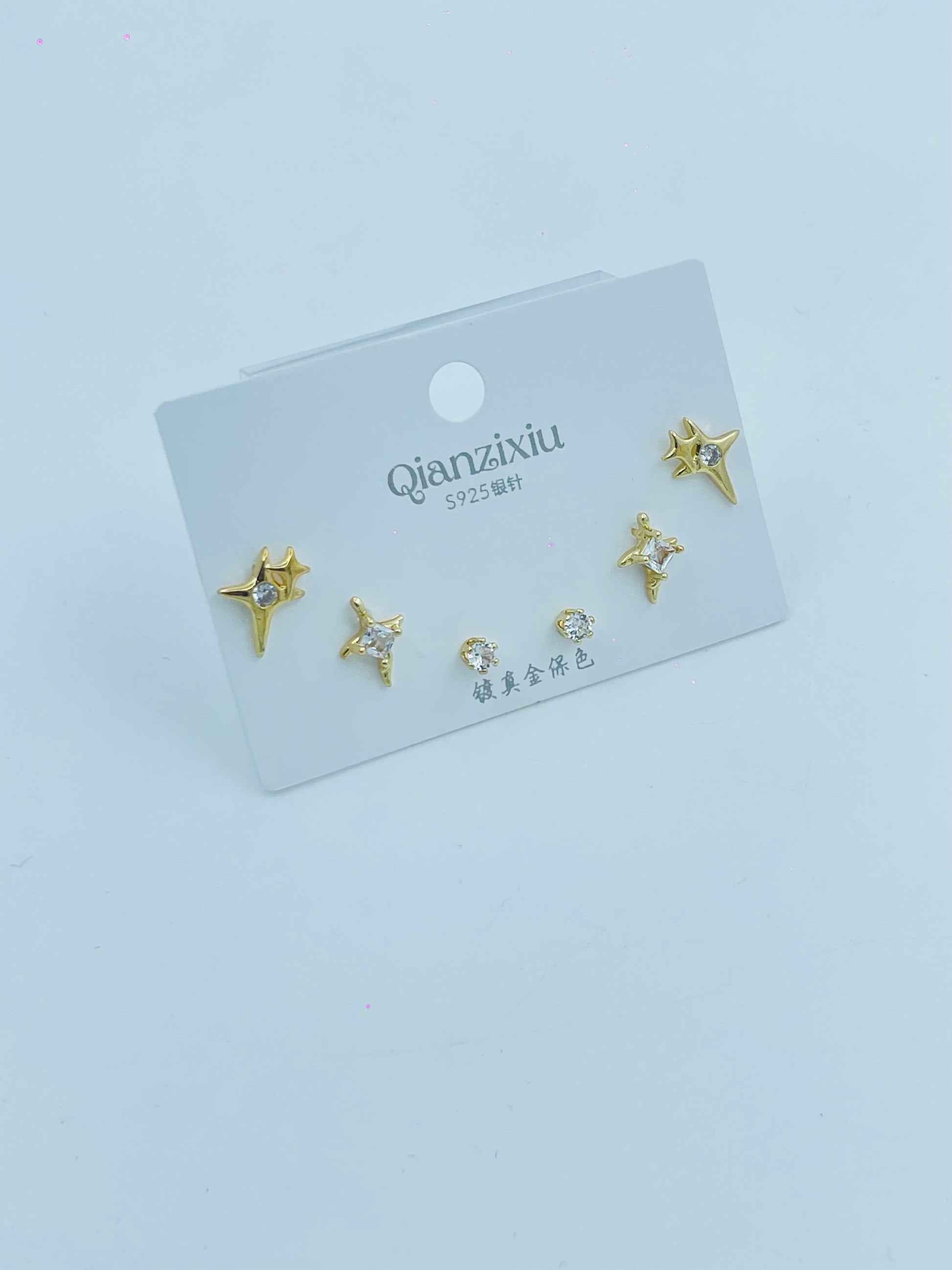 3 Pair Star Design Earring Set | Gold-Plated Celestial Stud Combo