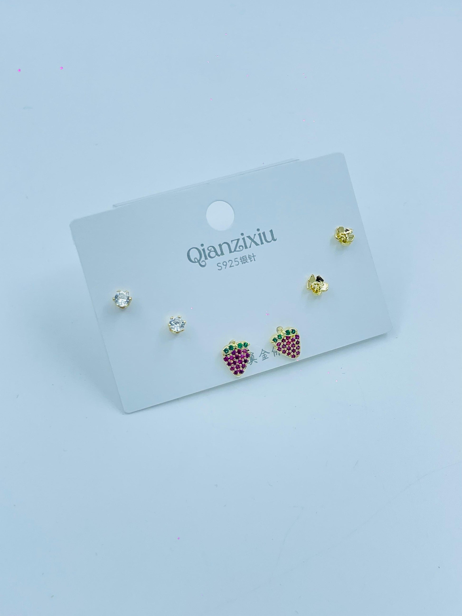 Strawberry Charm 3 Pair Earring Set | Cute Gold-Plated Stud Combo