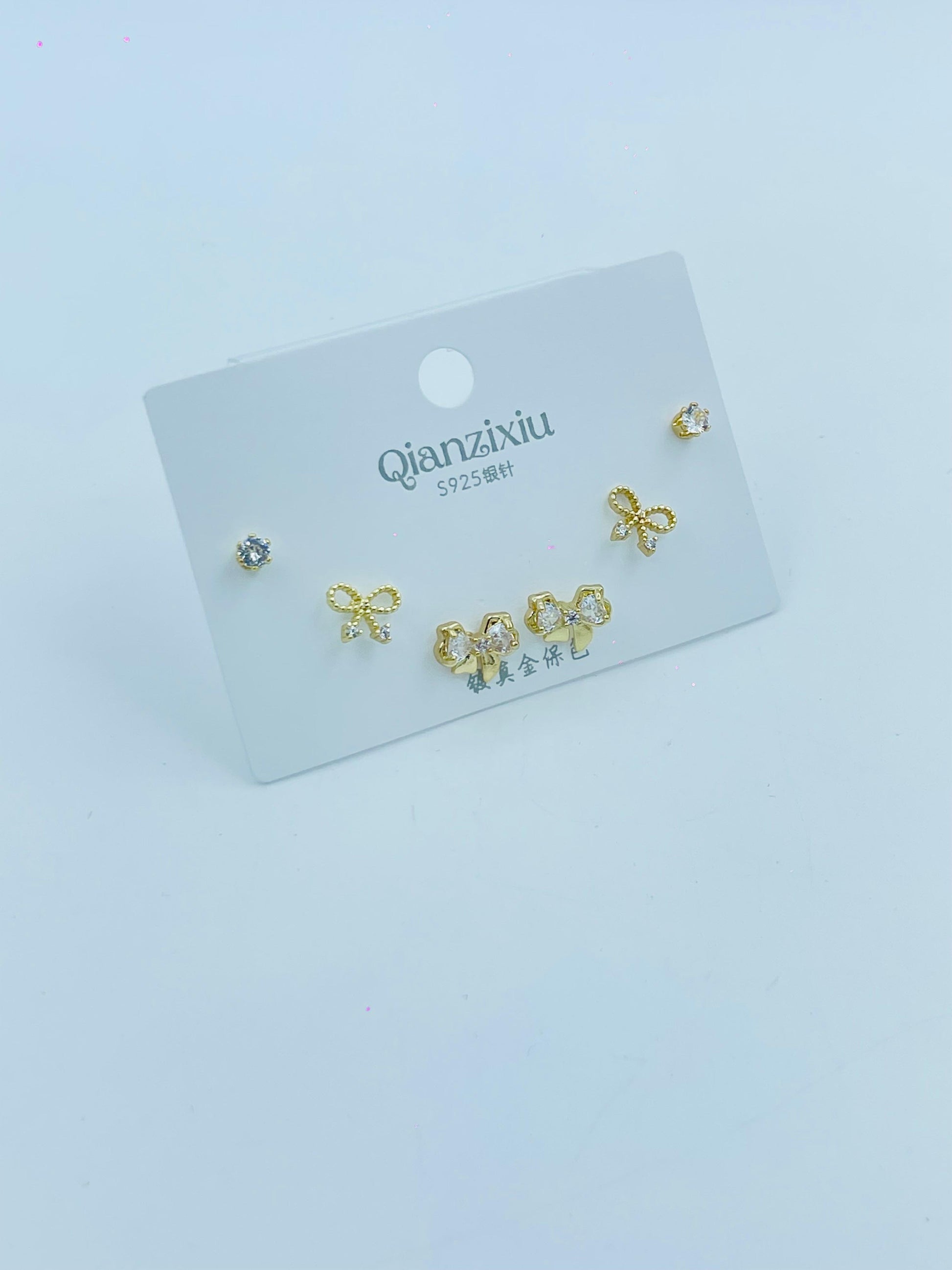 Gold Bow Stud Earrings Combo – 3 Pair Elegant Crystal Set for Women & Girls
