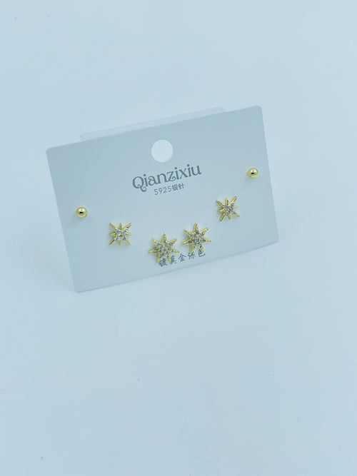 3 Pair Gold Star Stud Earrings Combo – Elegant Crystal Earring Set for Women & Girls
