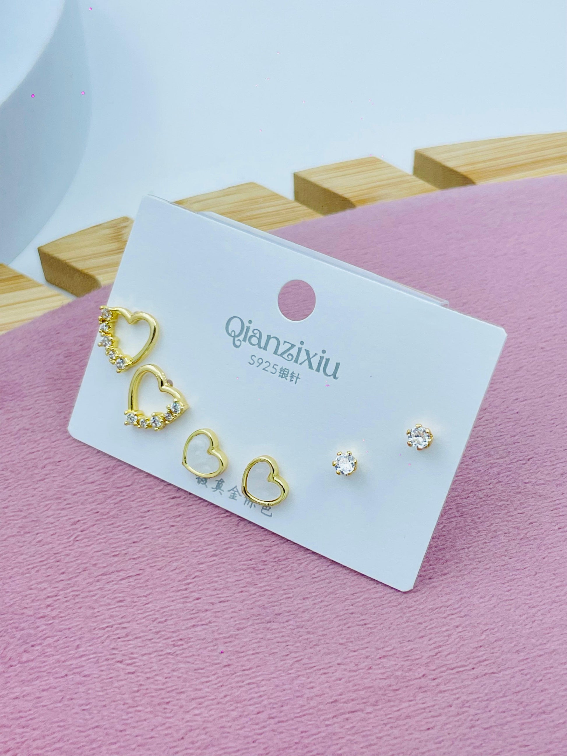 Elegant Gold Heart and Stud Earring Set