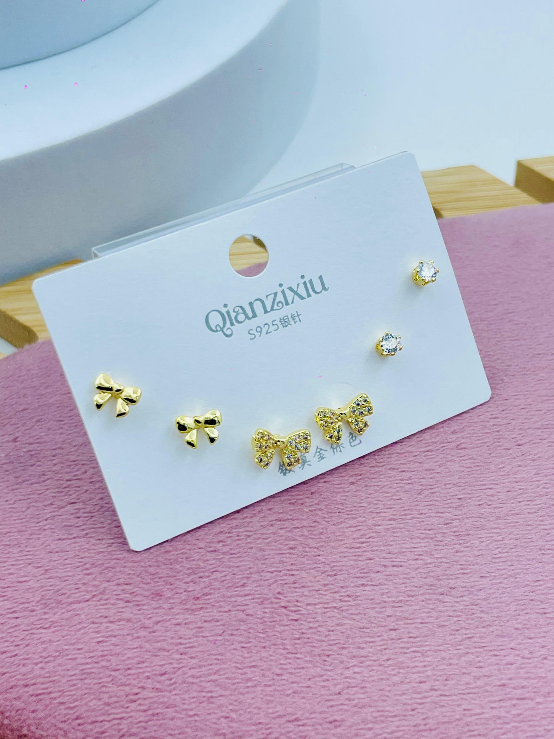 Gold Bow and Crystal Stud Earrings Set  Elegant Jewelry