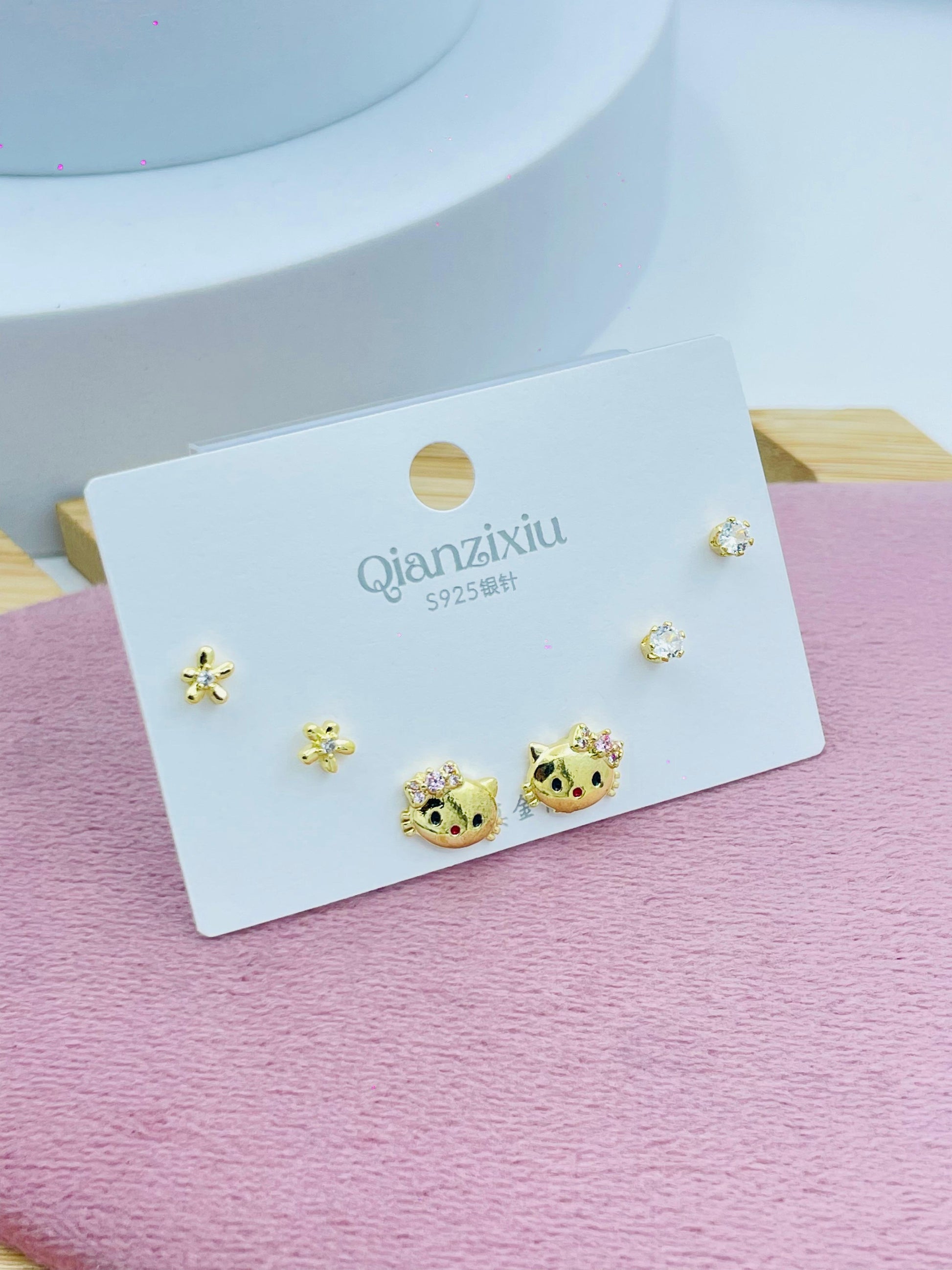 Cat and Flower Stud Earrings Set  Elegant Jewelry