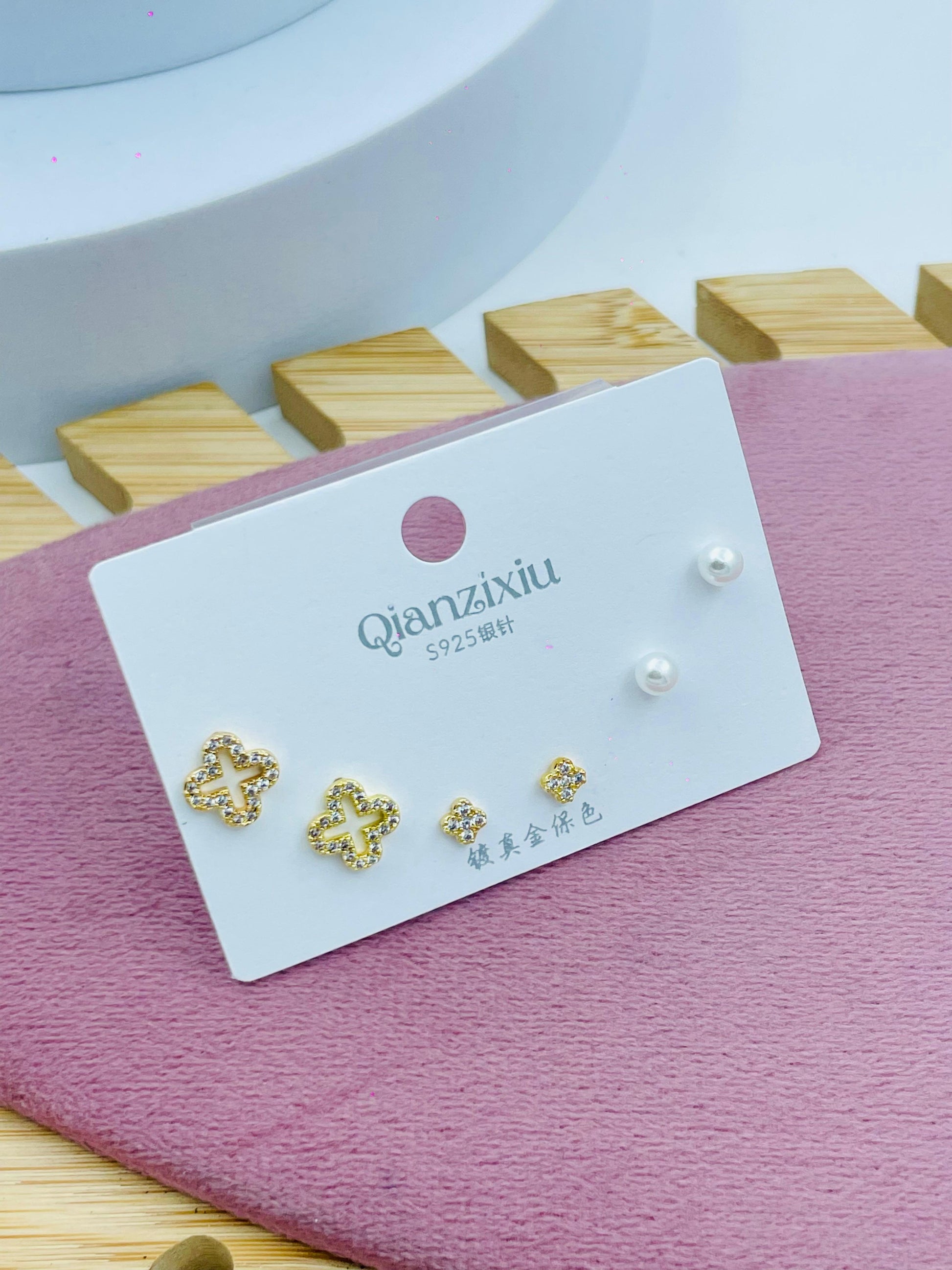 Silver Earring Set with Pearl and Gold Accents