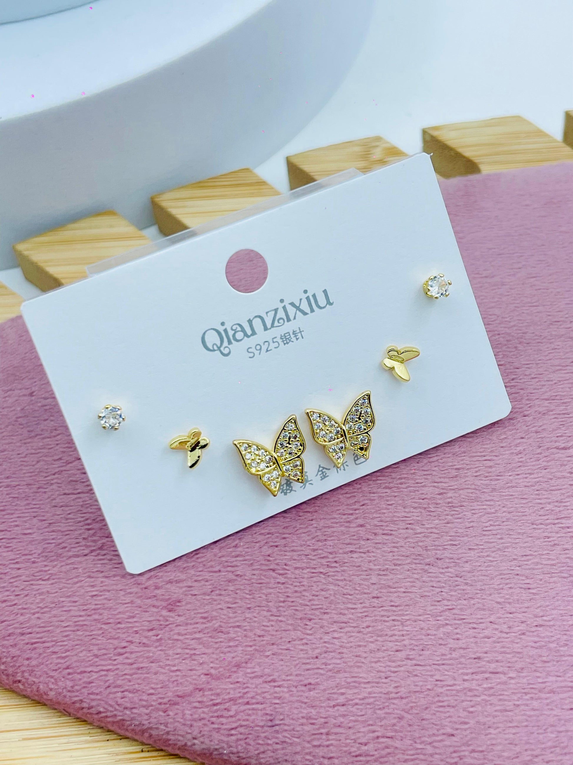 Elegant Butterfly and Stud Earring Set  Gold and Silver