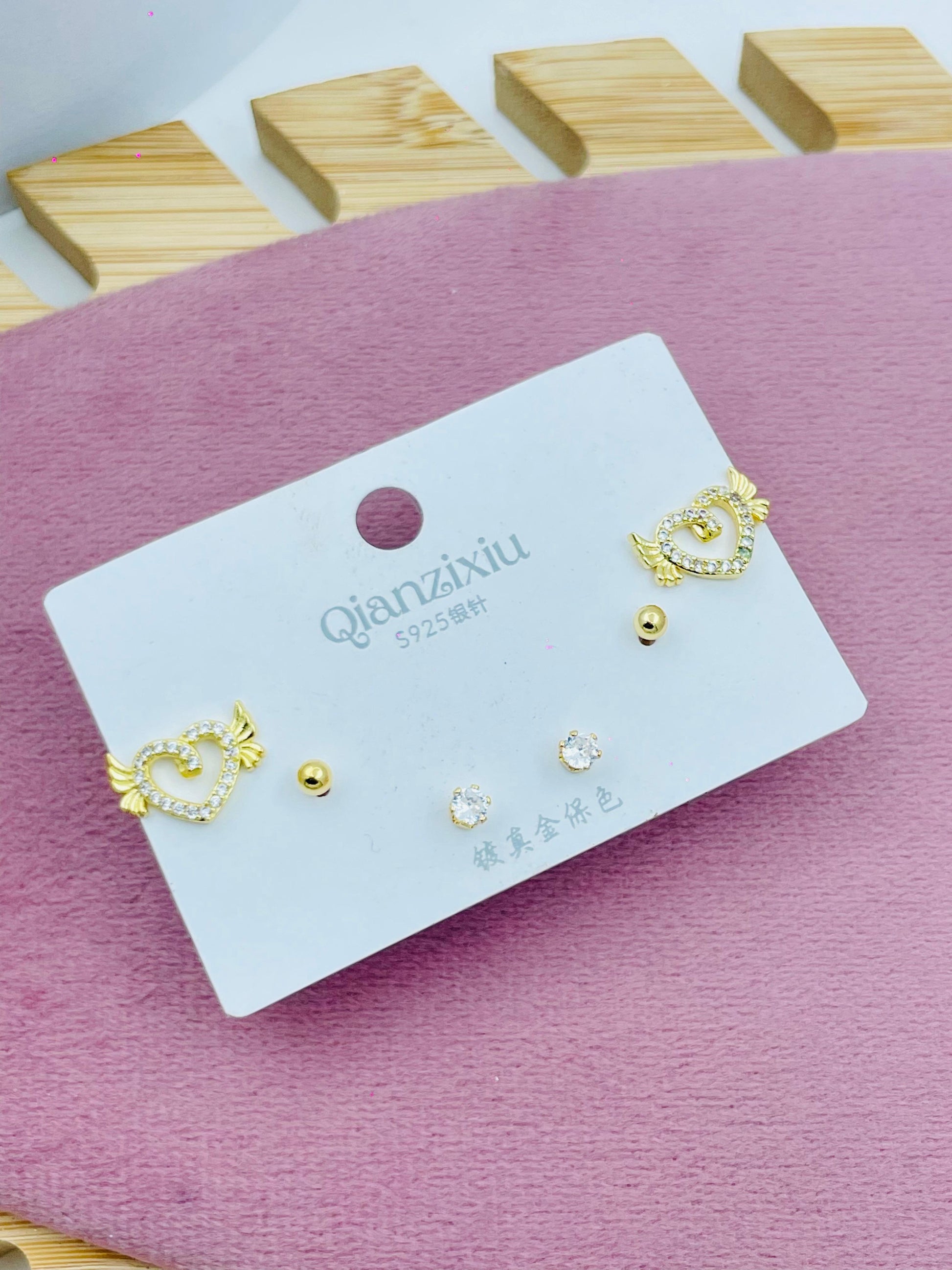 Elegant Gold and Diamond Heart Wing Earrings Set