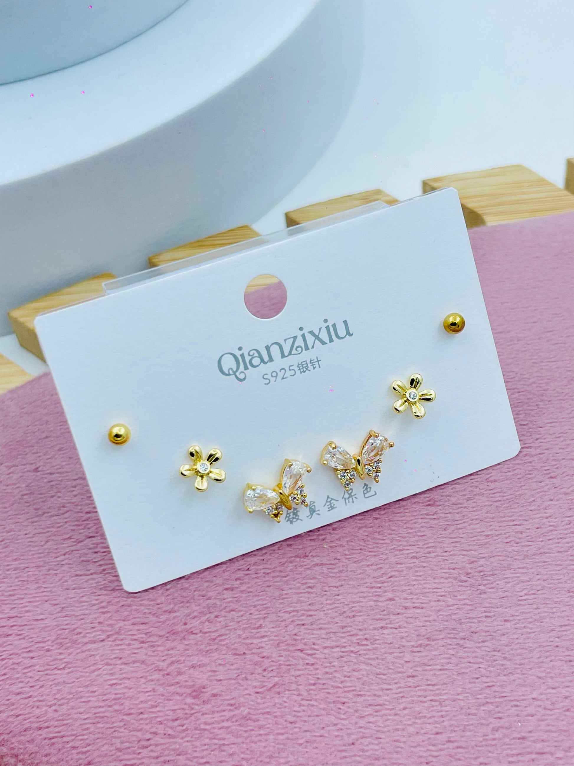 Gold Flower and Butterfly Earrings Set  Elegant Jewelry