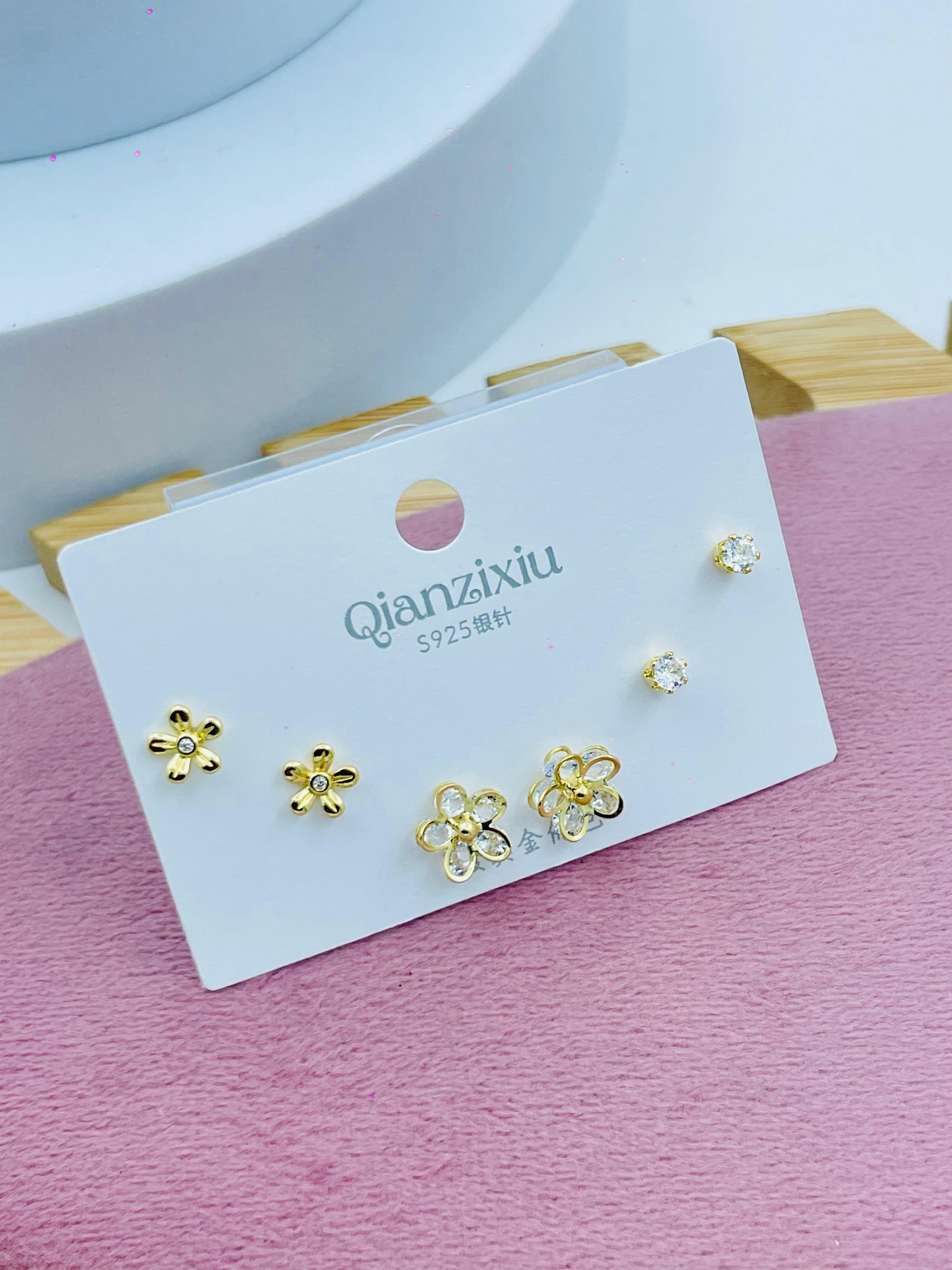 Flower and Crystal Stud Earrings Set  Elegant Jewelry