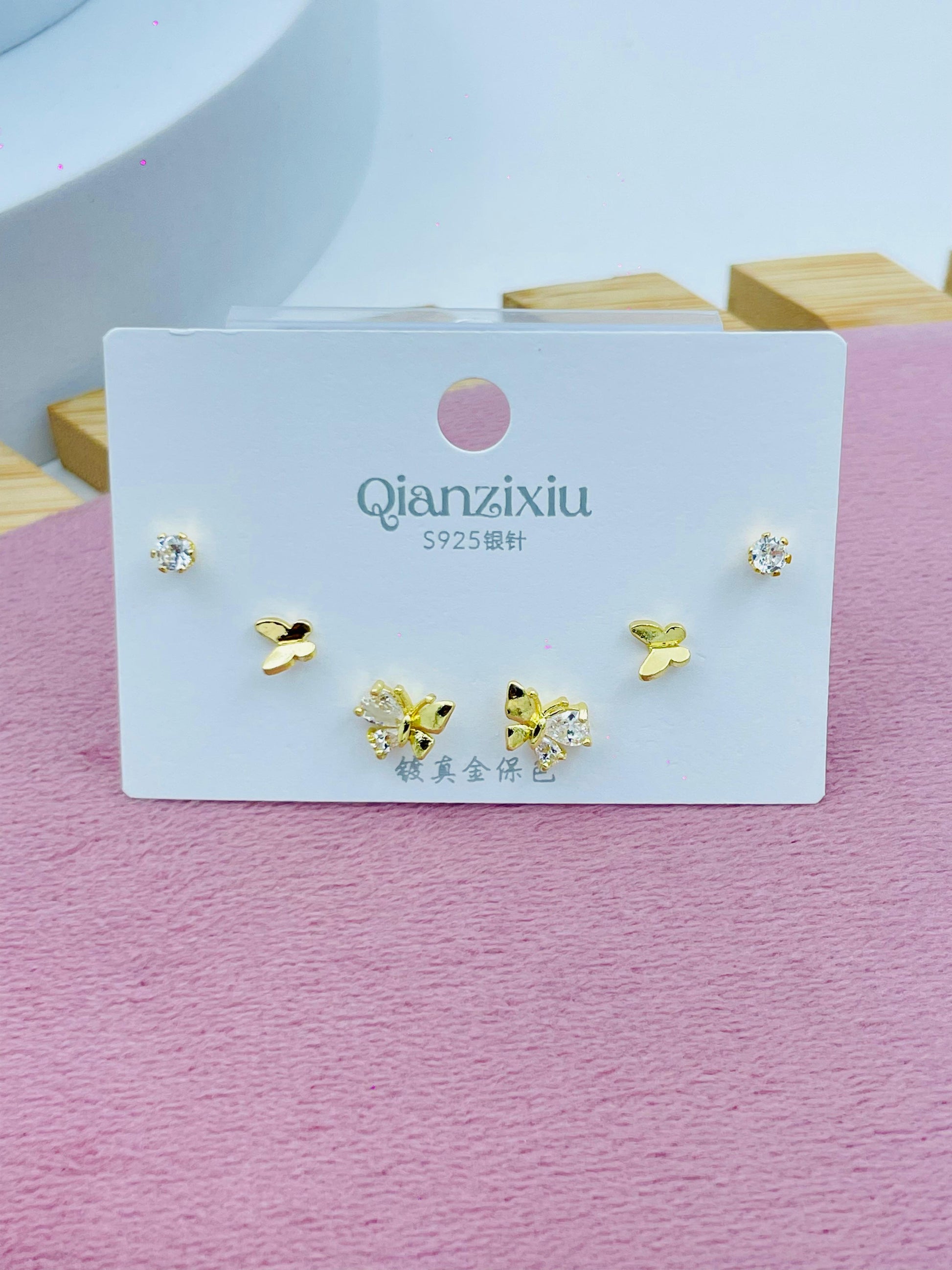 Butterfly and Stud Earring Set  Elegant Gold and Silver