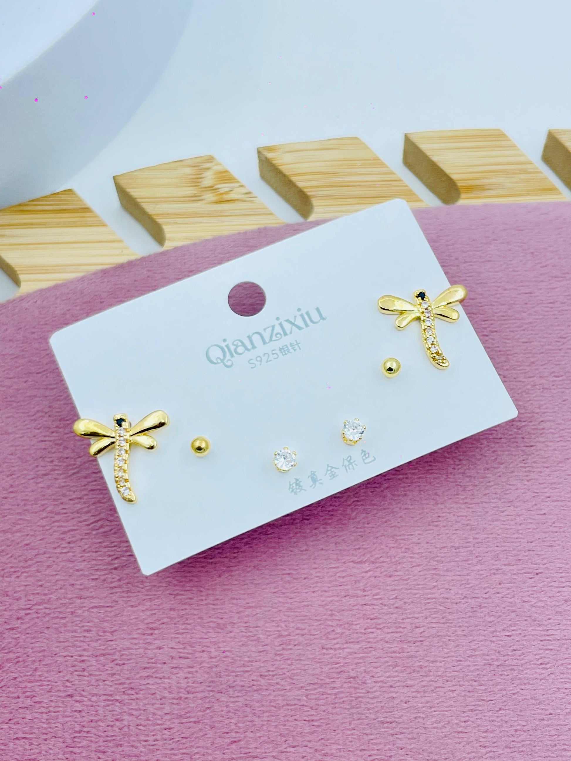 Elegant Gold Dragonfly and Stud Earring Set