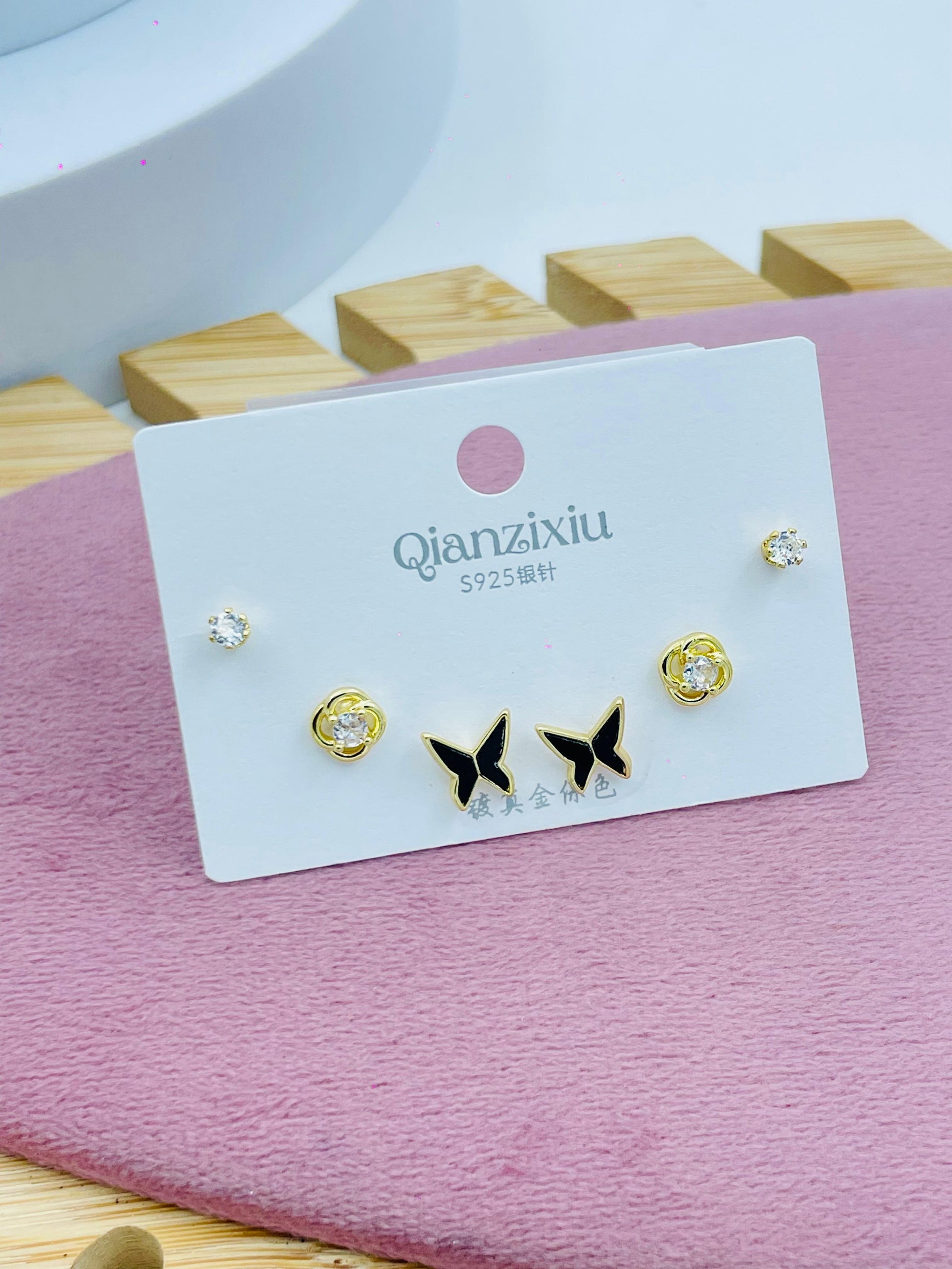 Elegant Gold and Black Butterfly Earrings Set
