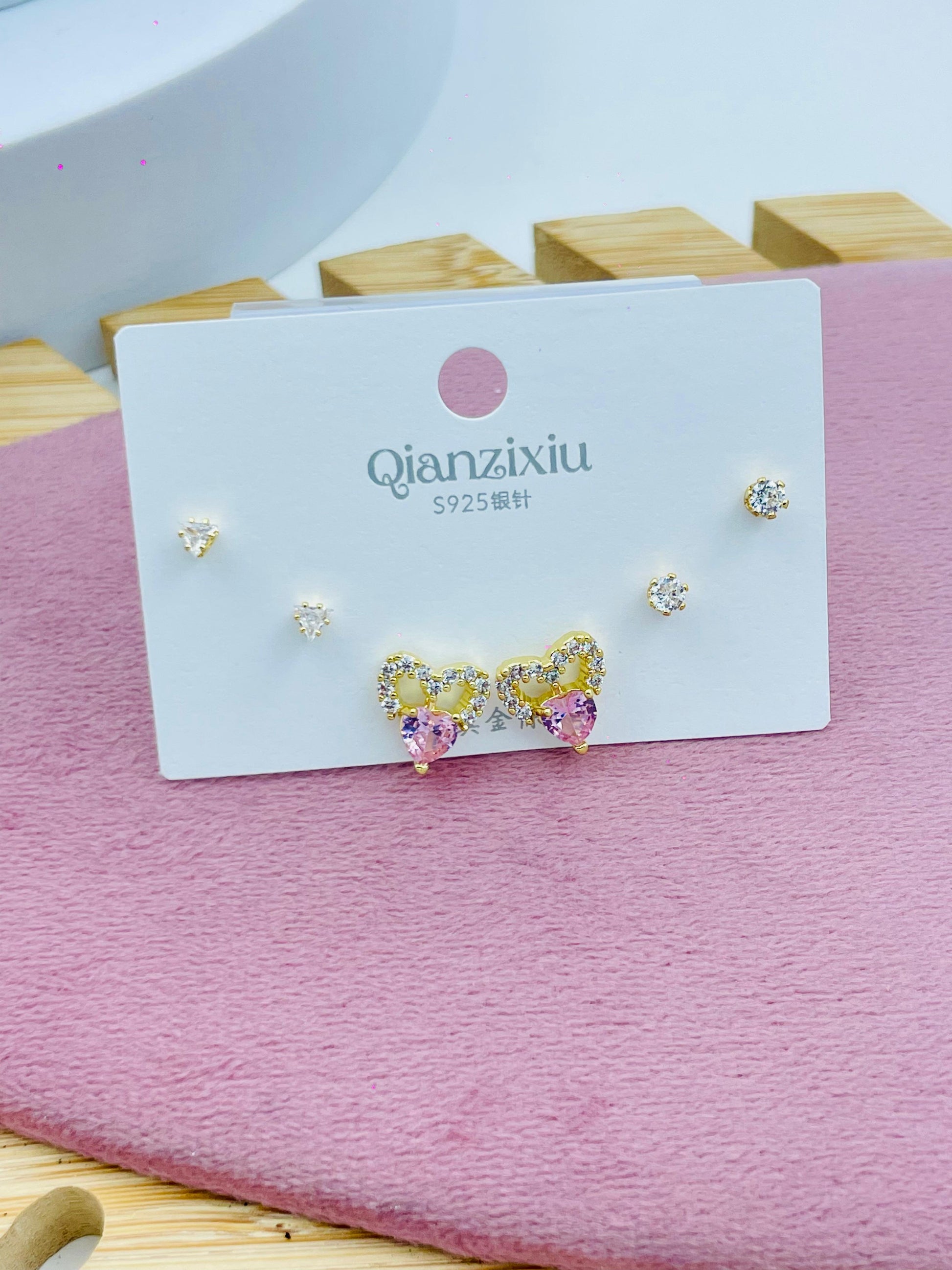 Silver Earring Set with Heart and Crystal Designs