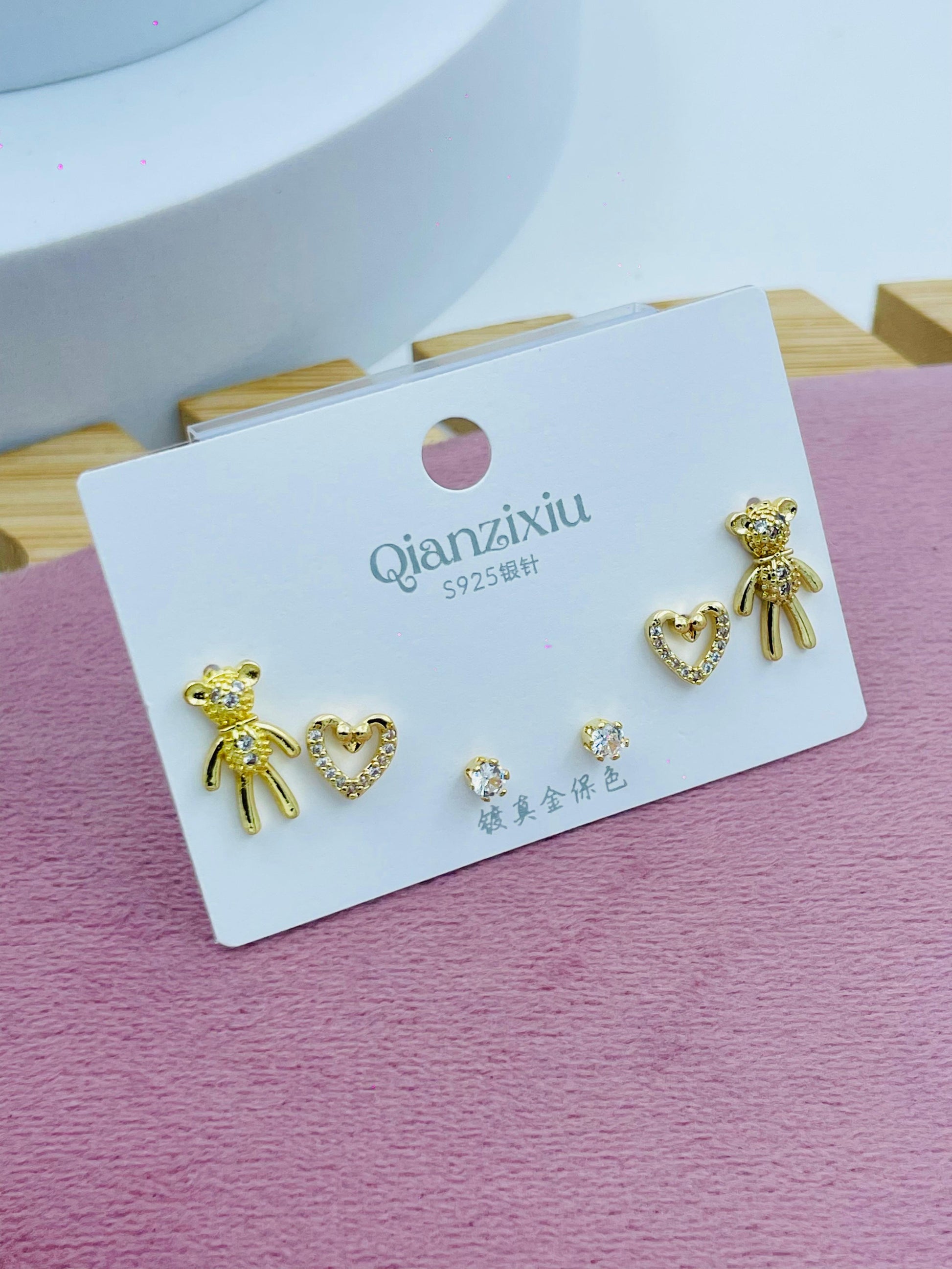 Charming Gold Plated Teddy Bear and Heart Earrings Set