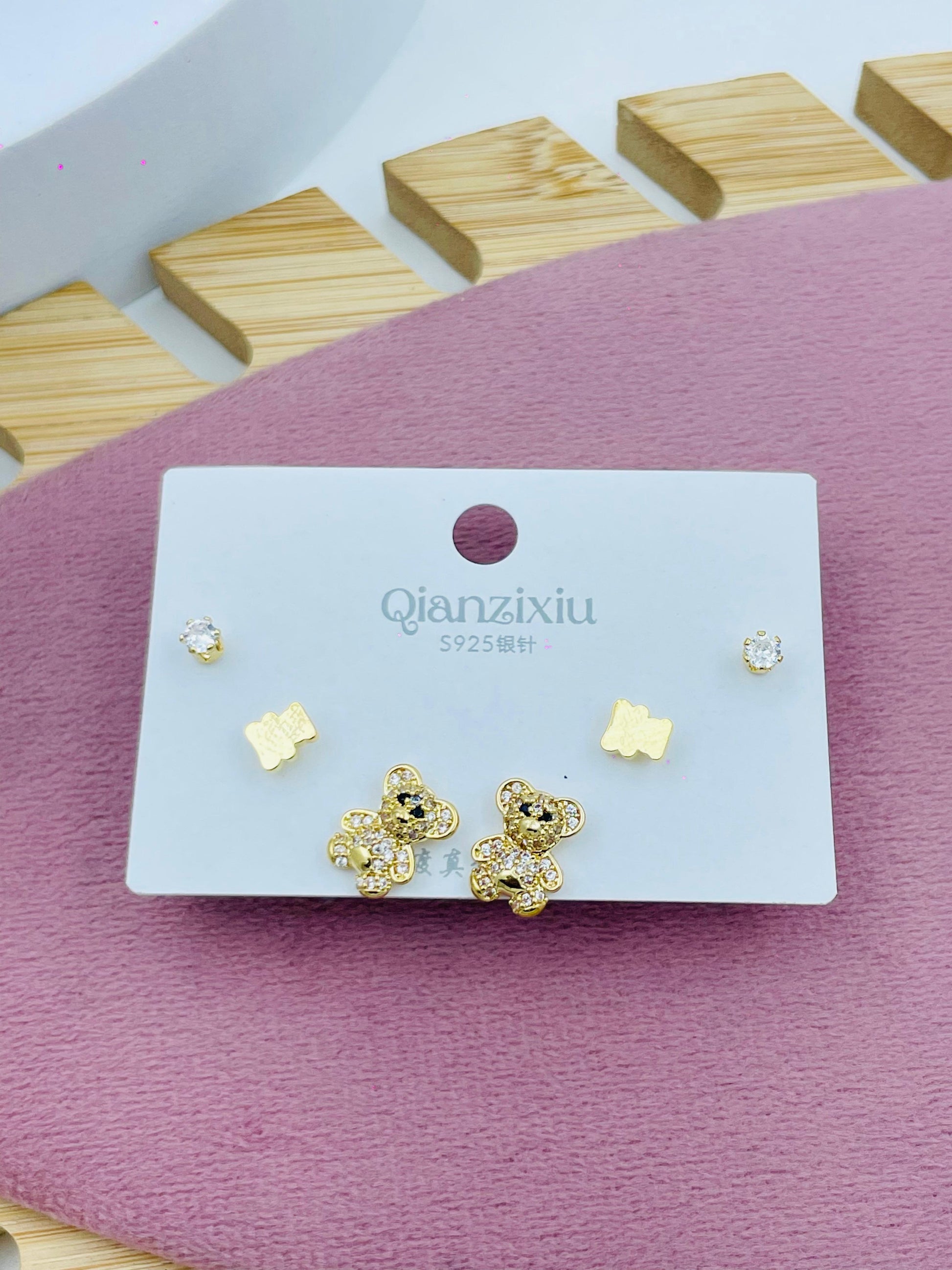 Charming GoldTone Bear and Stud Earring Set