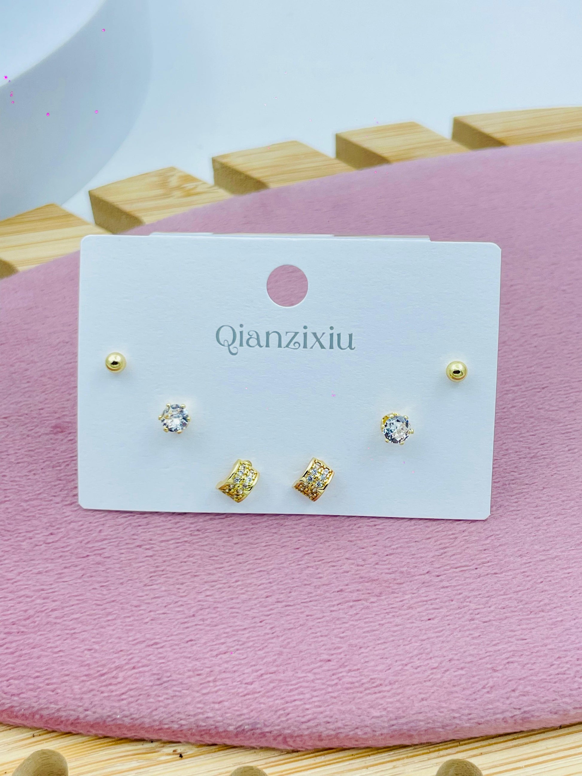 Gold and Crystal Stud Earring Set  Elegant Jewelry