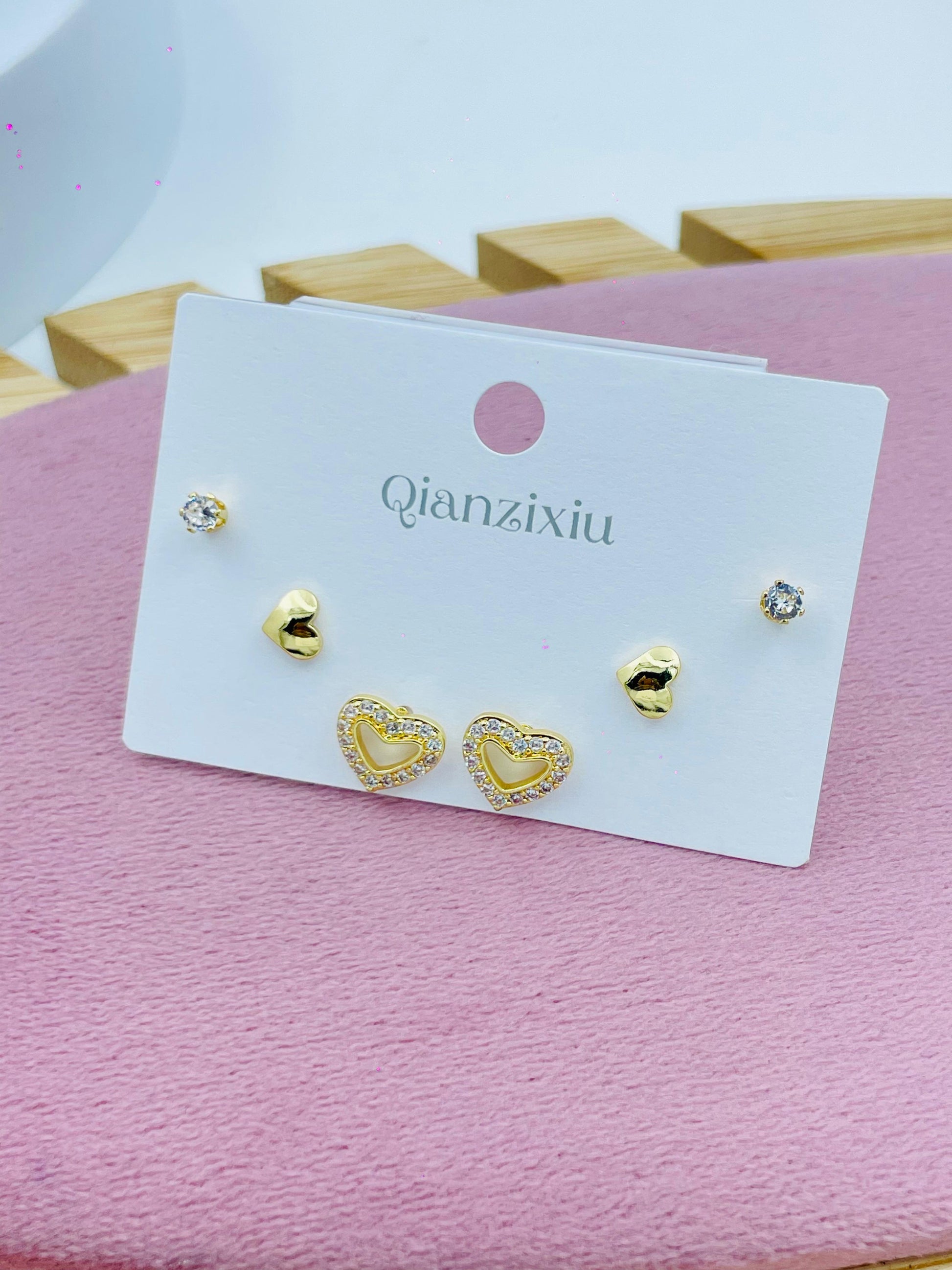 Elegant Gold Heart and Stud Earring Set
