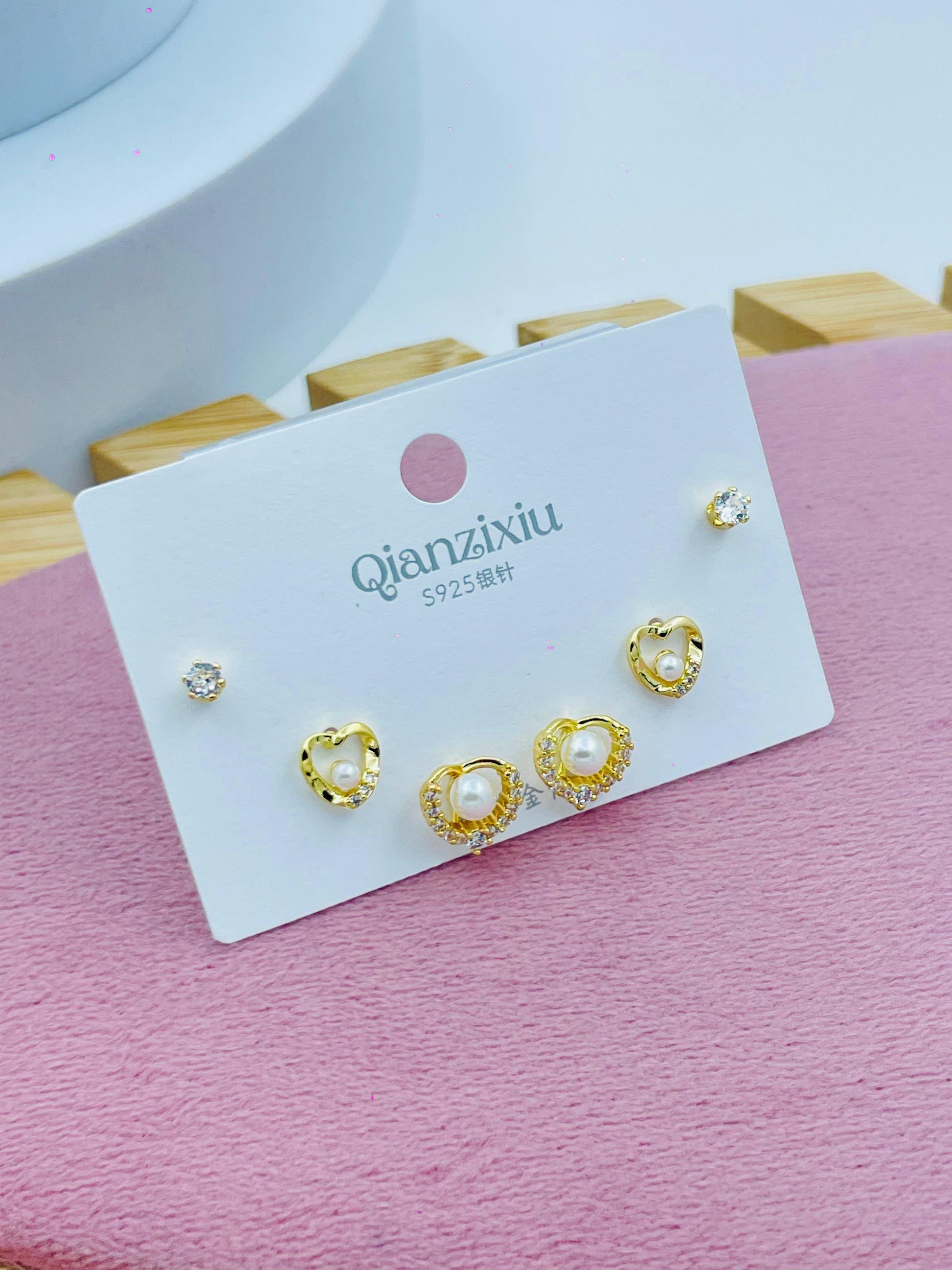 Elegant  Silver Earring Set with Heart and Pearl Designs