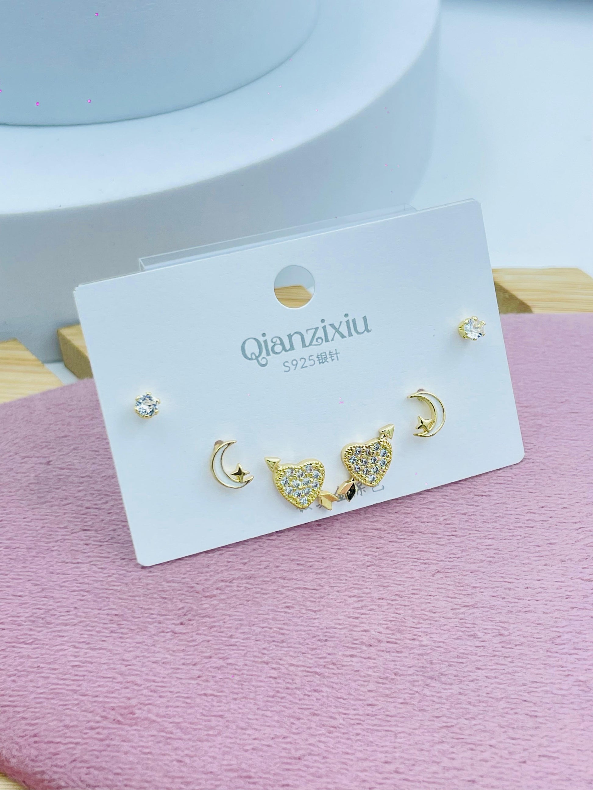 Gold Plated Earring Set  Moon and Heart Design