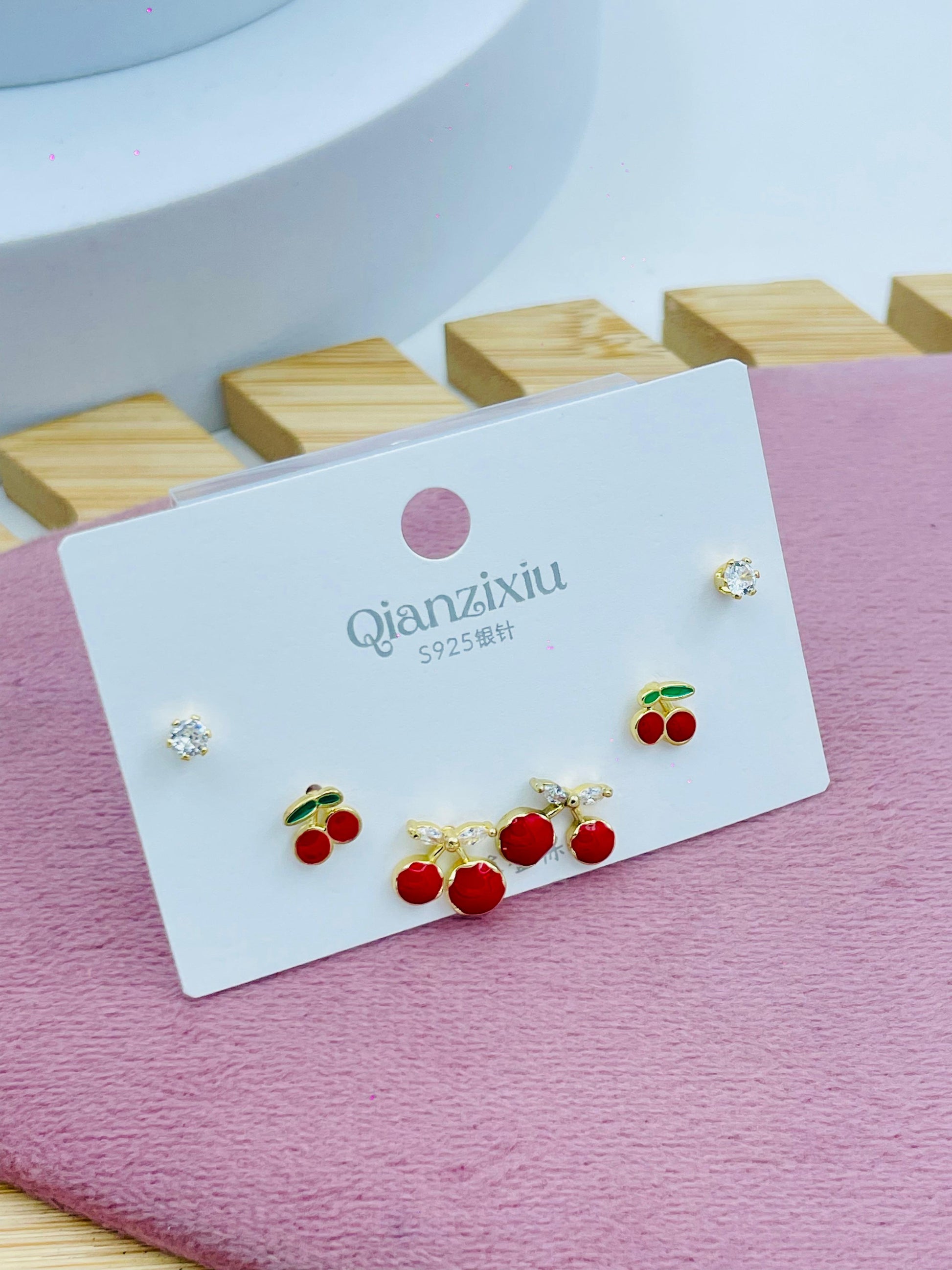 Cherry and Crystal Stud Earring Set  Elegant Jewelry