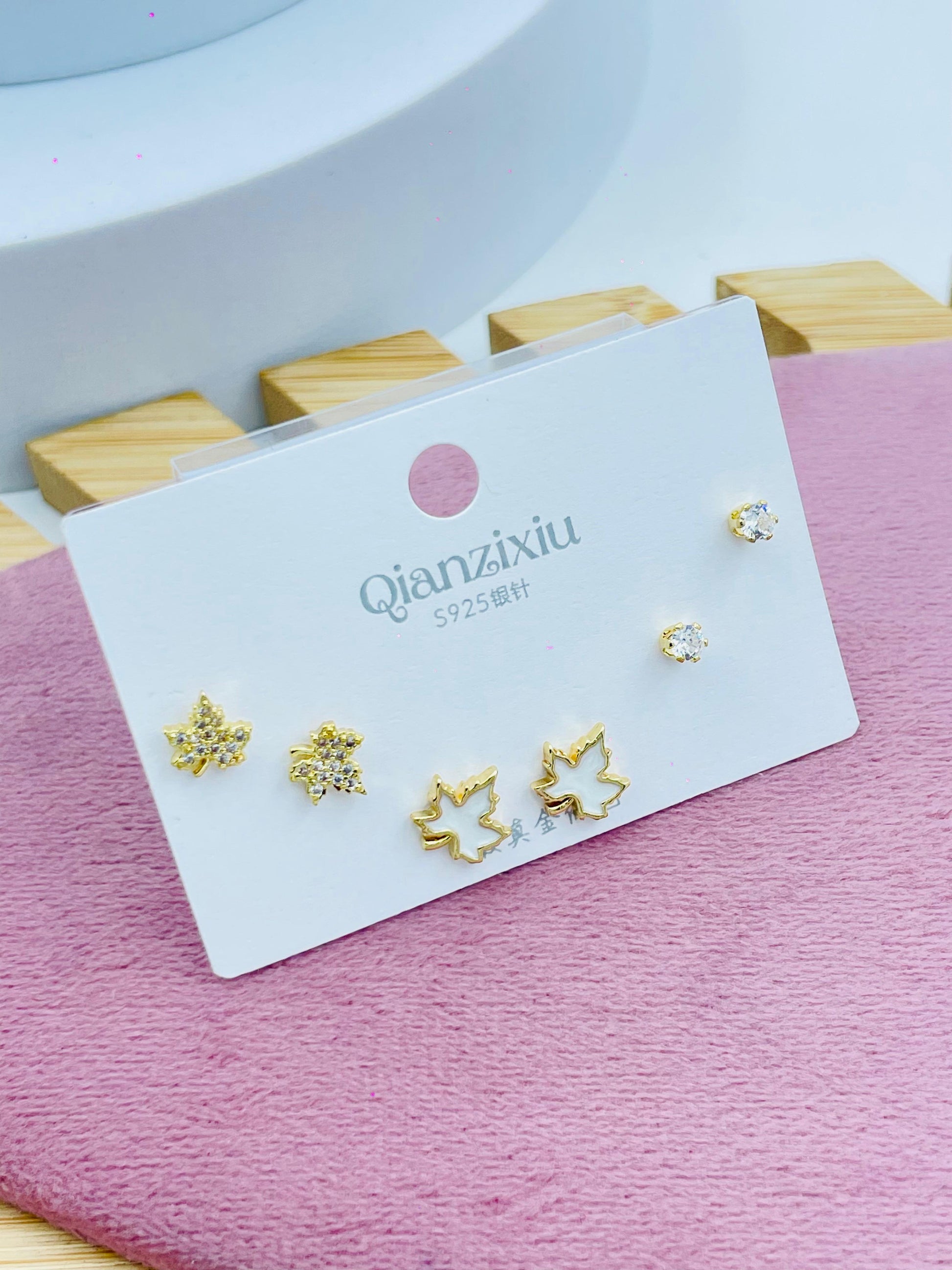 Leaf and Stud Earring Set  Elegant Gold and Silver