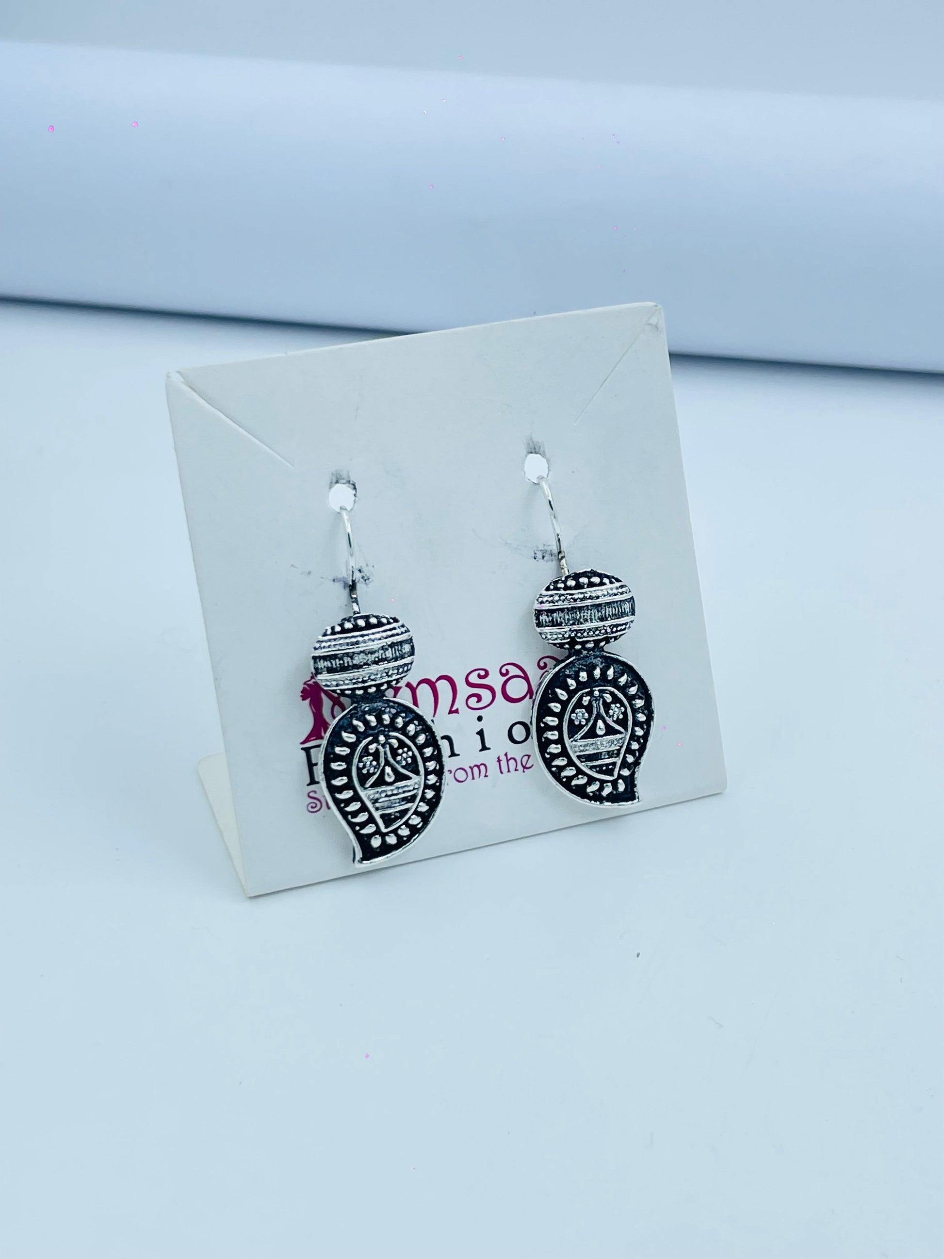Antique Silver Oxidized Drop Earrings | Ethnic Paisley Design