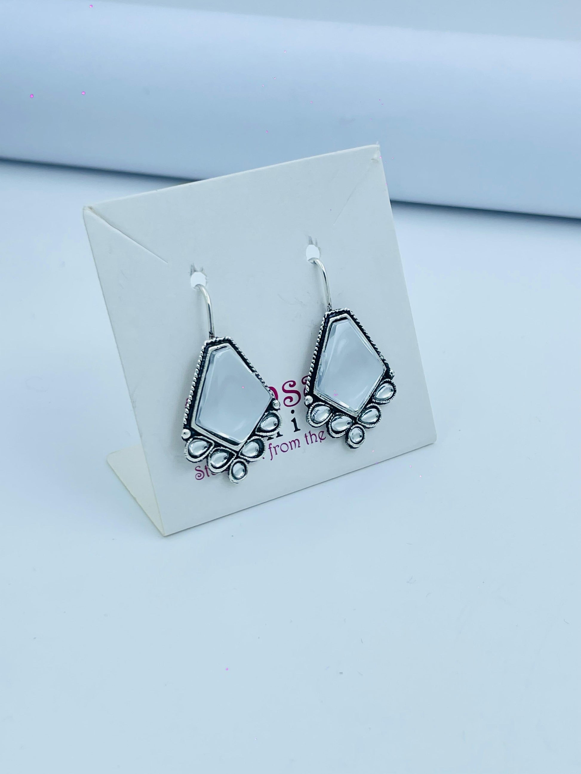 Frosted Geometry: Artisan Silver Earrings with Glacial Glass Shine