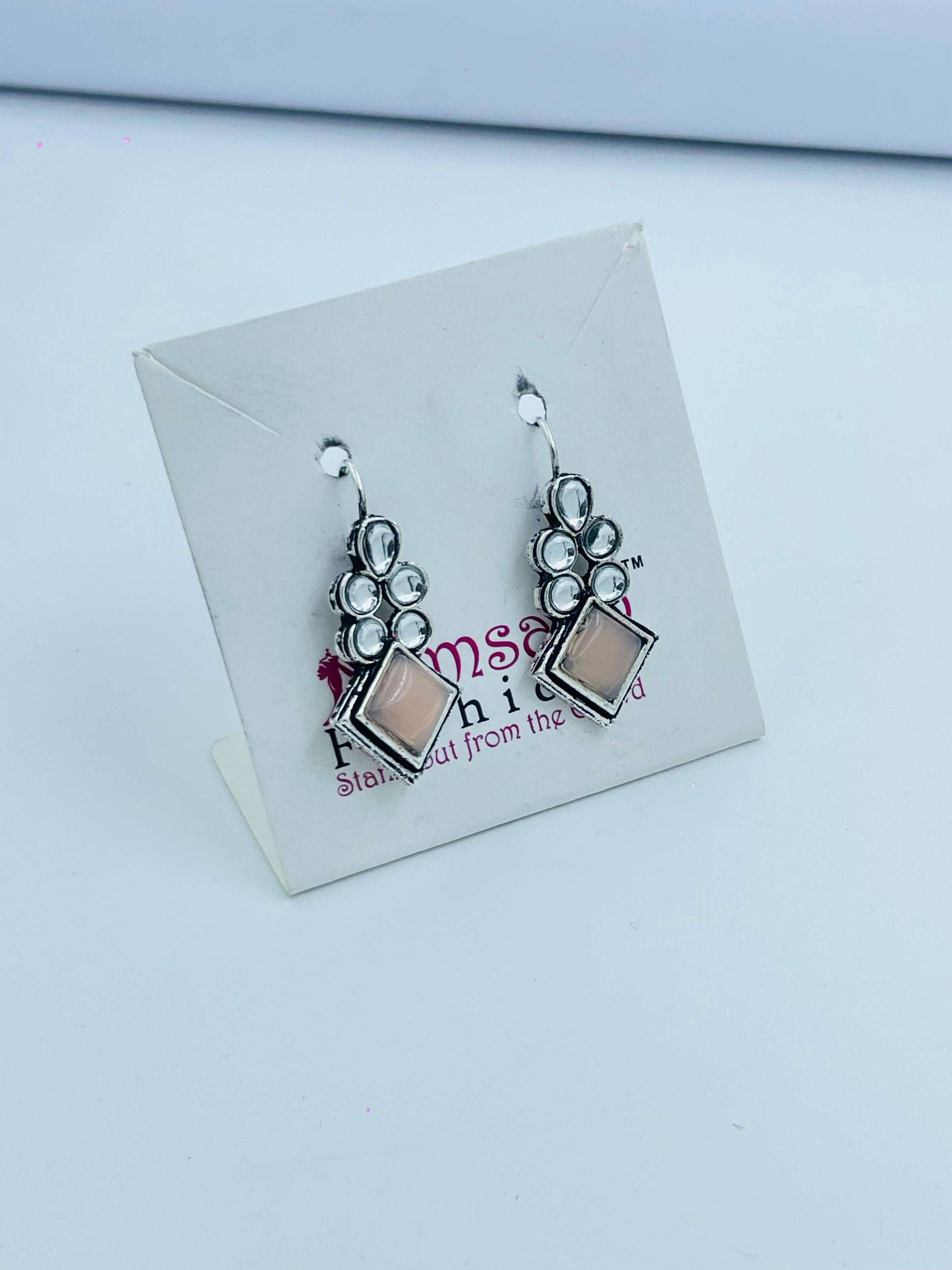 Blush Pink Stone Earrings with Ornamental Silver Detailing