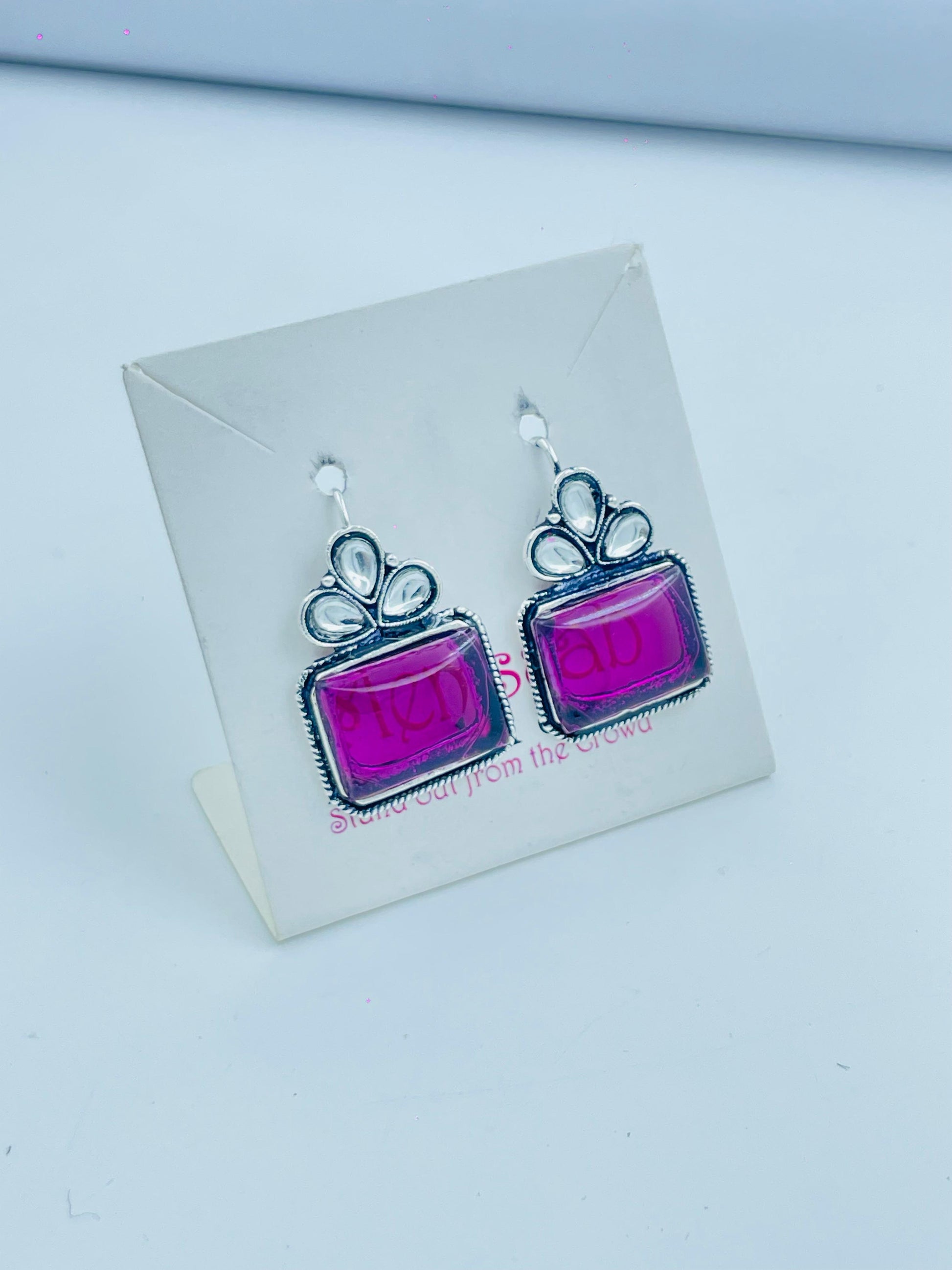 Bold Silver Drop Earrings with Fuchsia Rectangle Stone