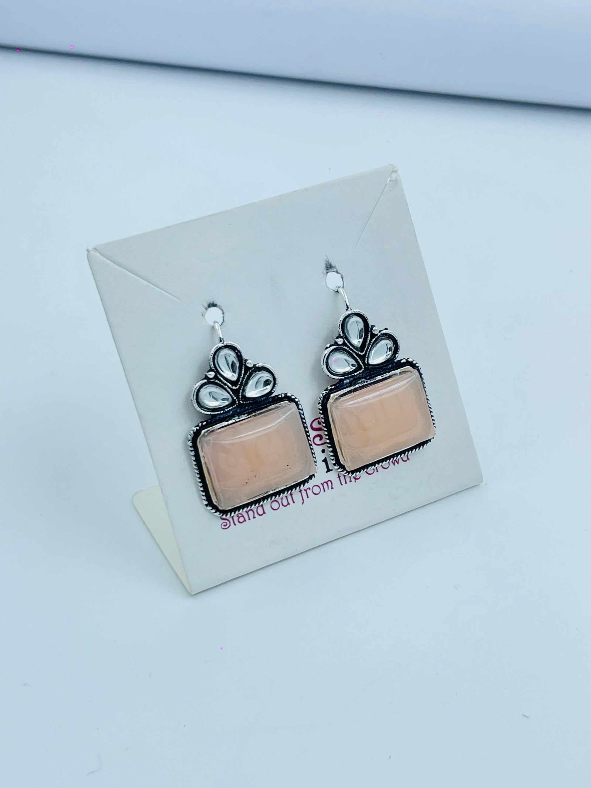 Minimal Silver Drop Earrings with Peach Rectangle Stone