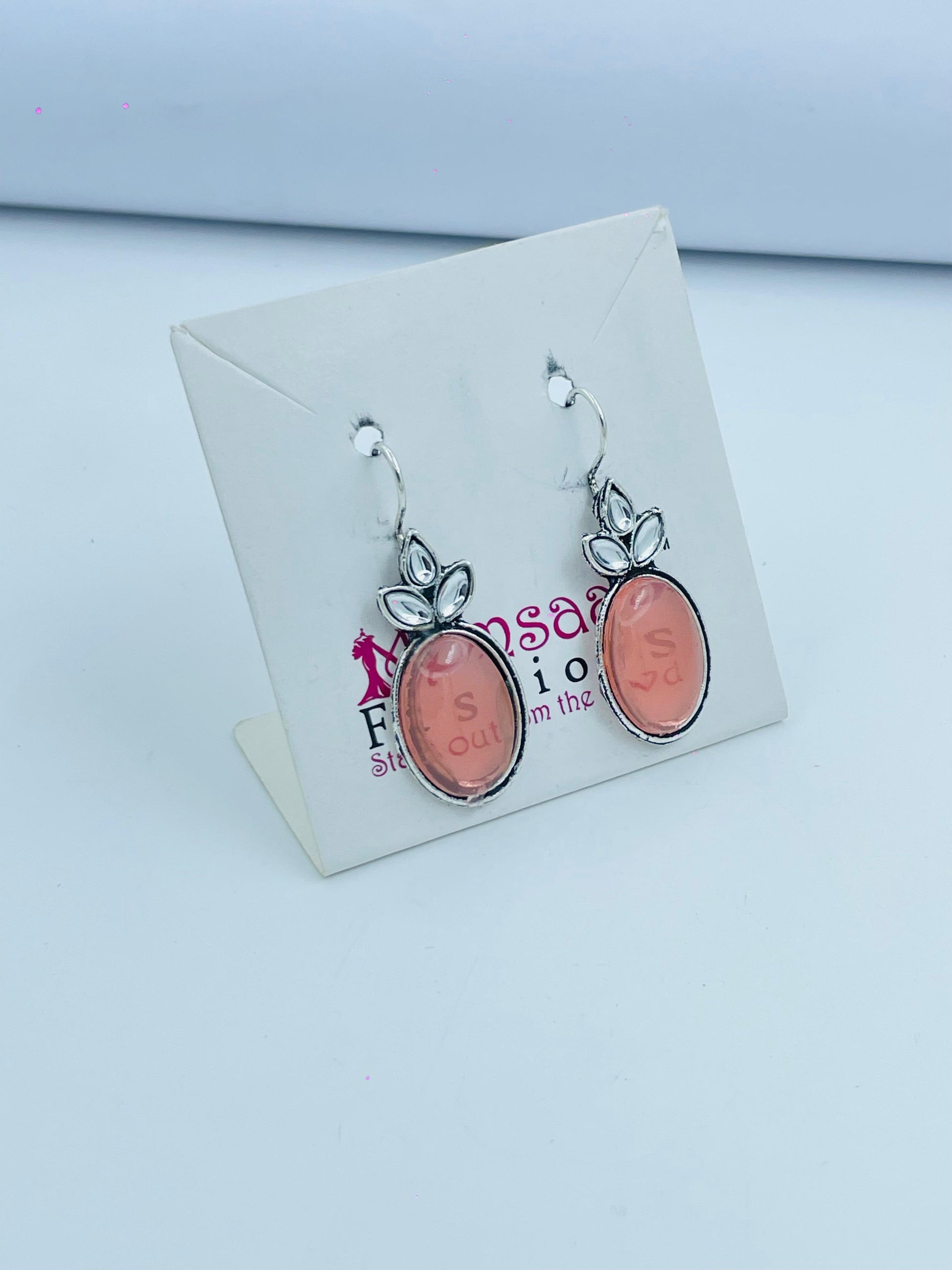 Chic Pink Oval Stone Earrings | Silver Dangle Design