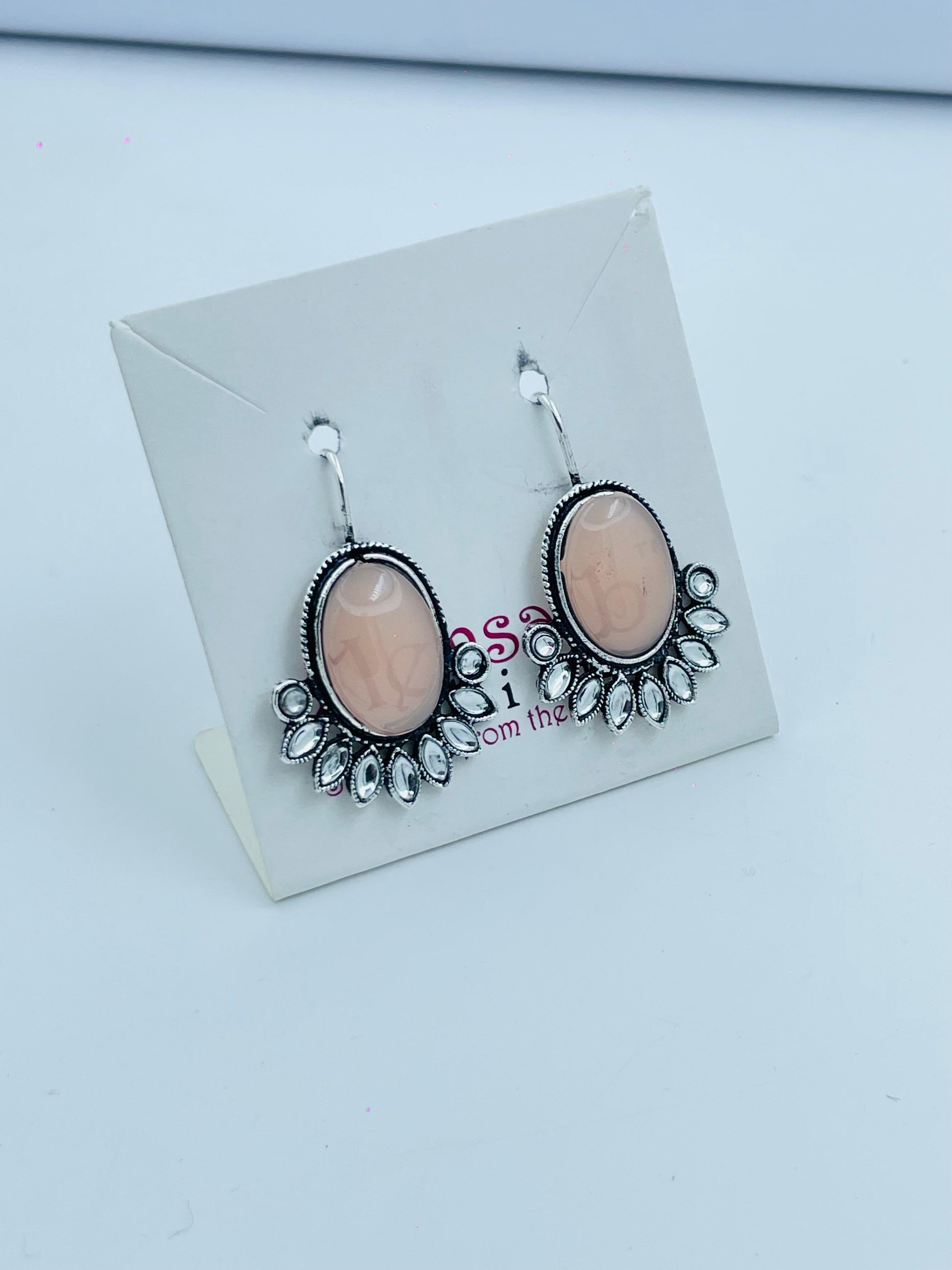 Vintage Peach Stone Earrings – Statement Dangle with Silver Detailing
