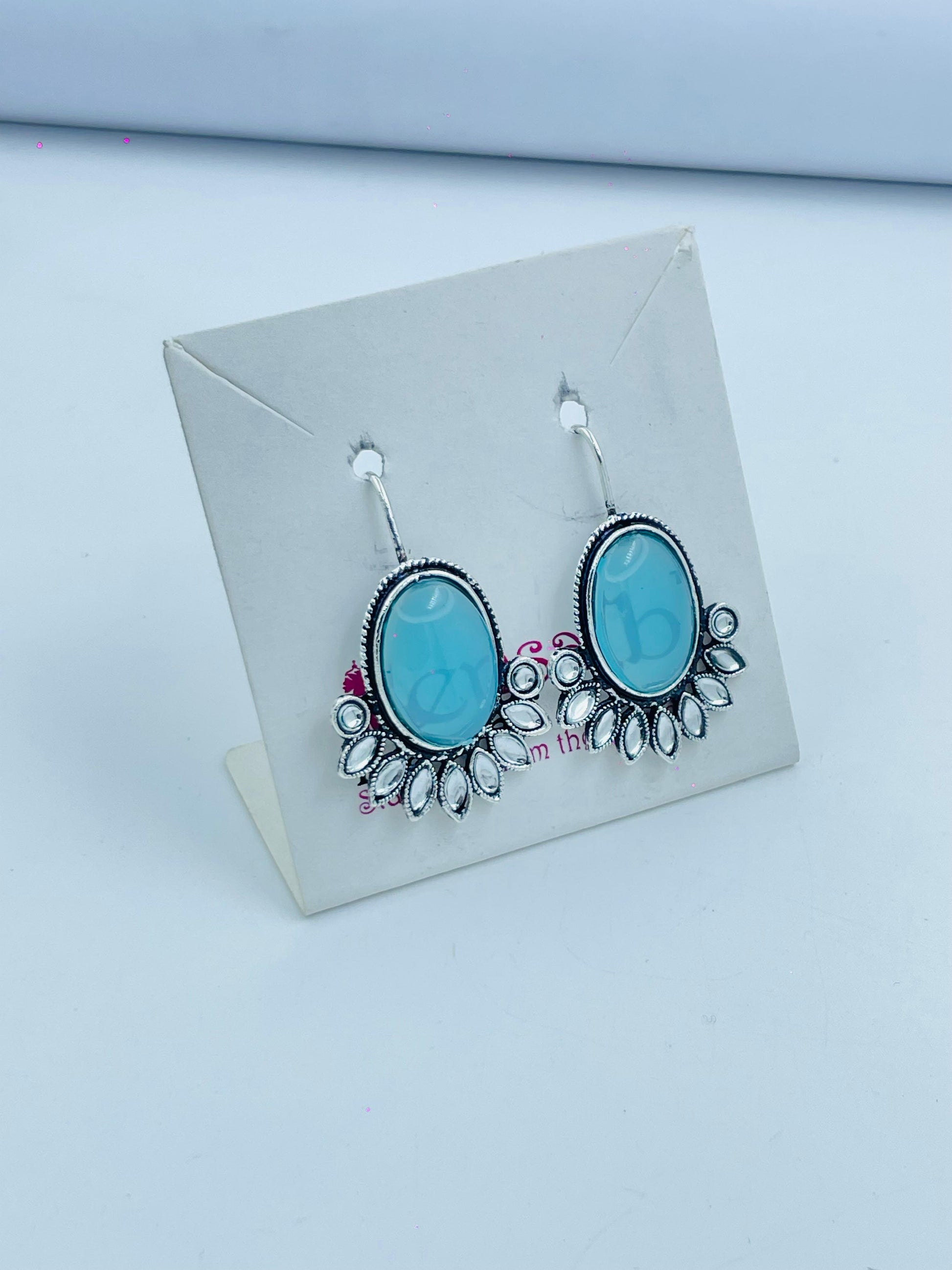 Light Blue Oval Hook Earrings with Silver Floral Edge - Modern Ethnic Style