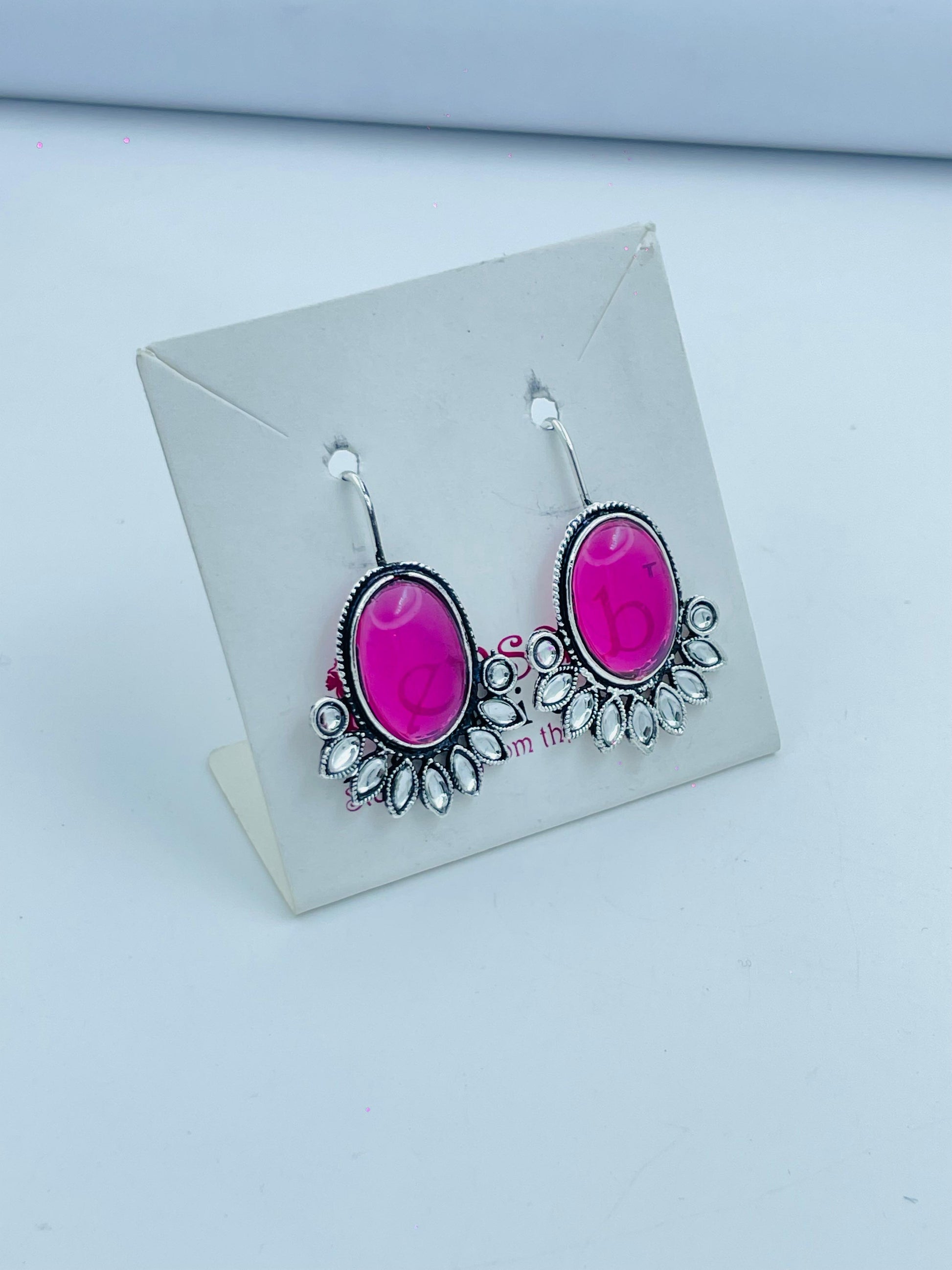 Bold Pink Oval Earrings – Antique Silver Festive Design
