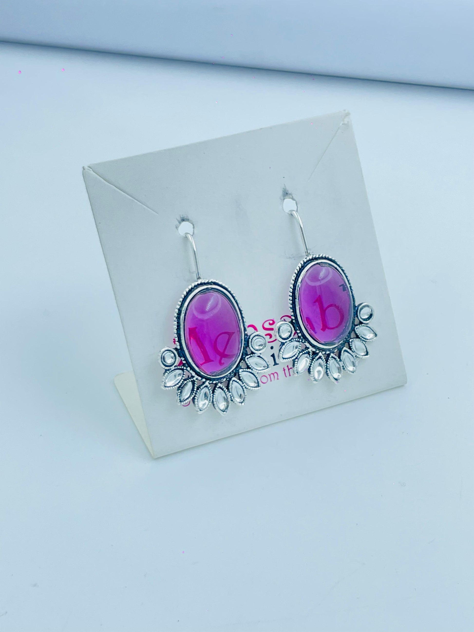 Magenta Oval Earrings – Ethnic Silver Petal Dangle Design