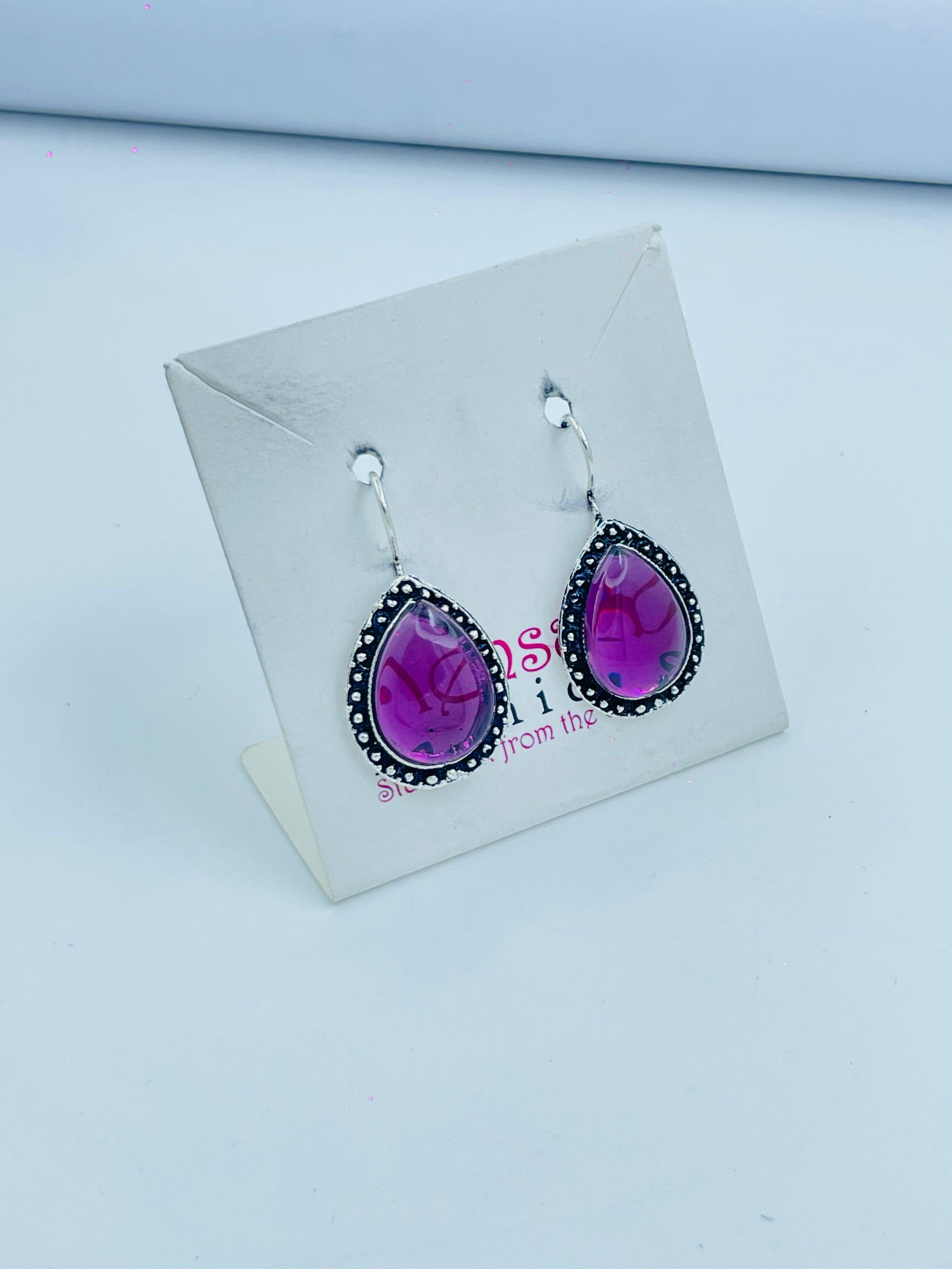 Vibrant Purple Teardrop Earrings with Silver Border