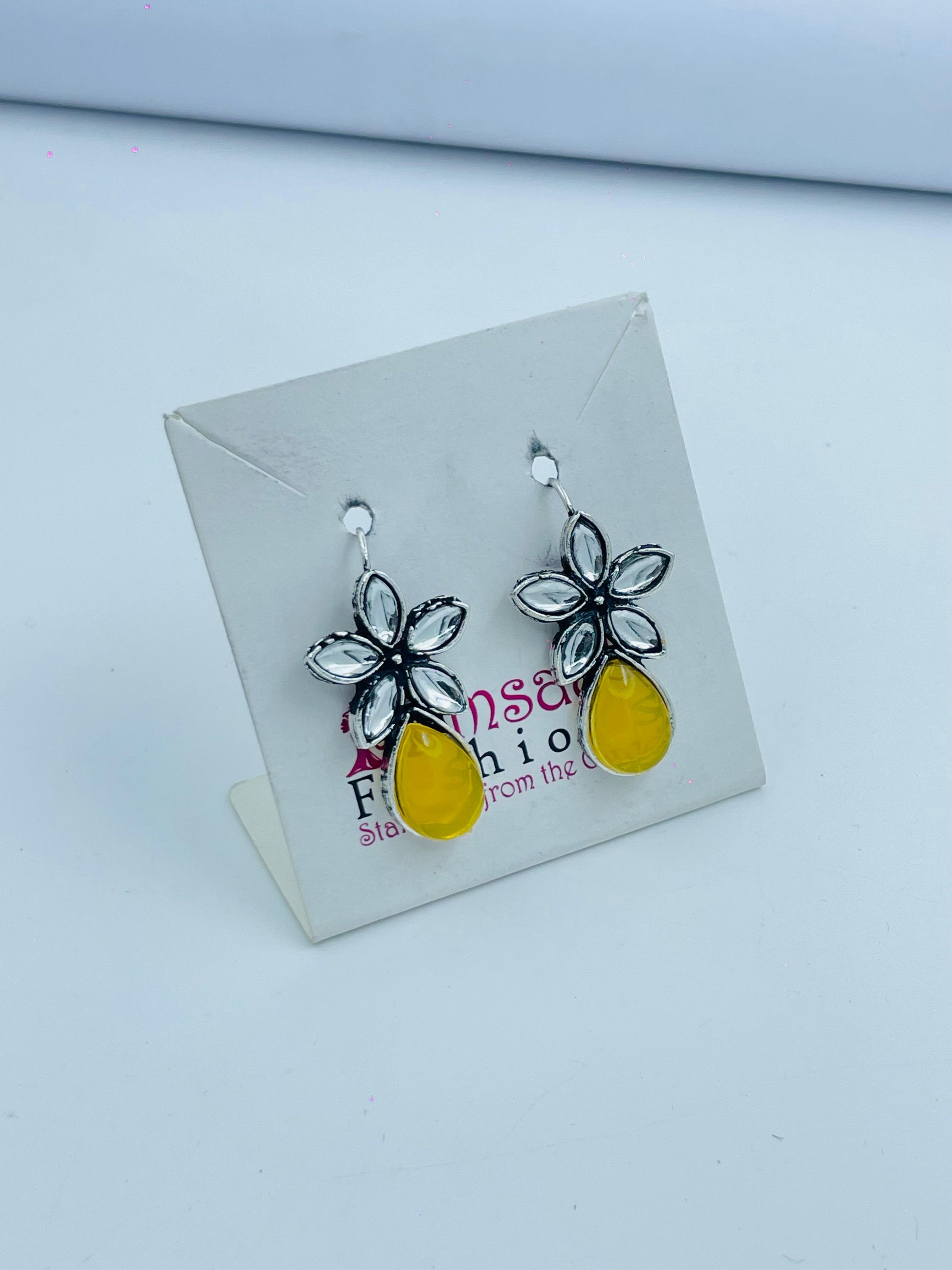 Bright Yellow Teardrop Earrings with Floral Silver Accents