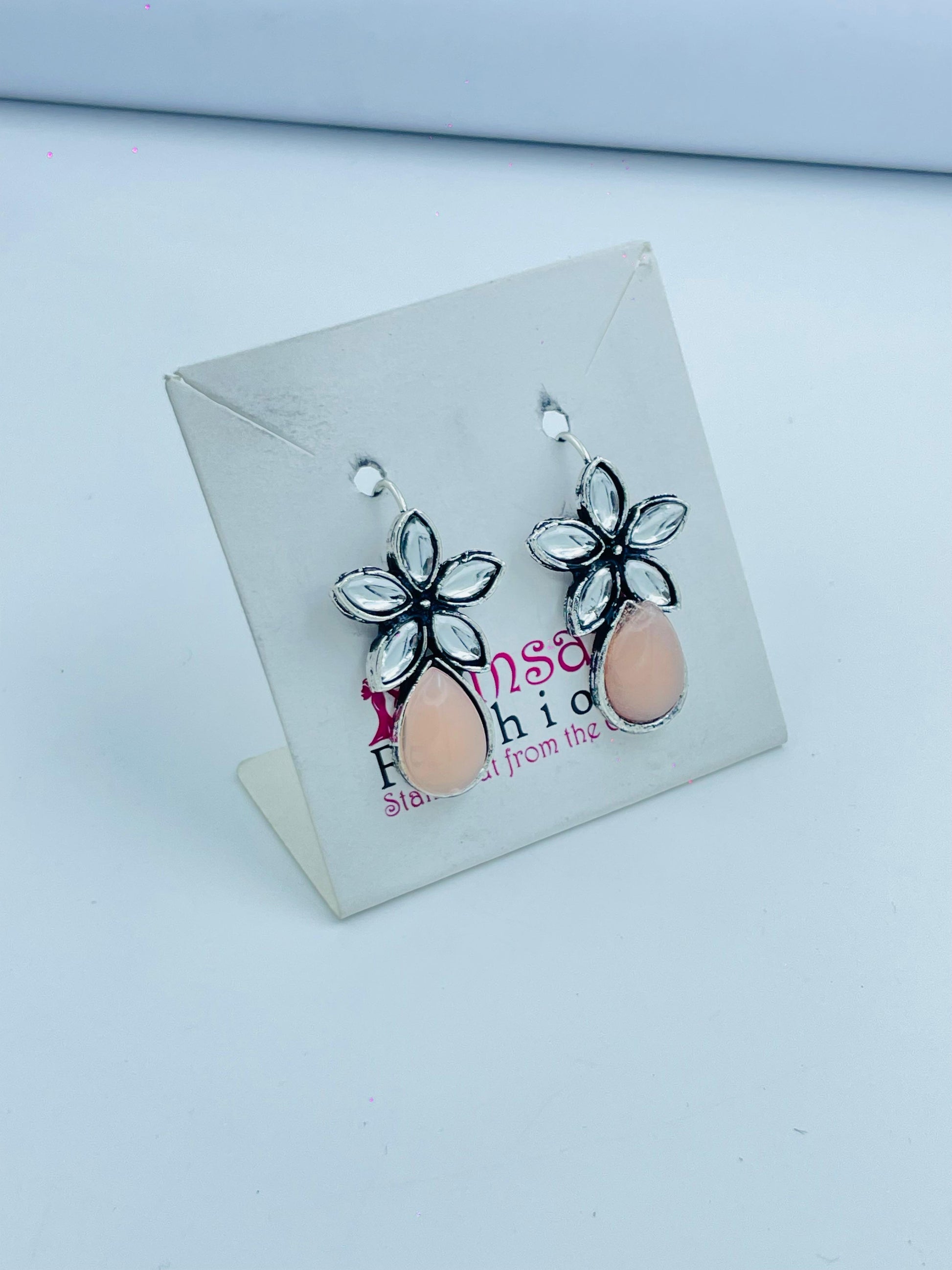 Stylish Silver Floral Earrings with Peach Accents