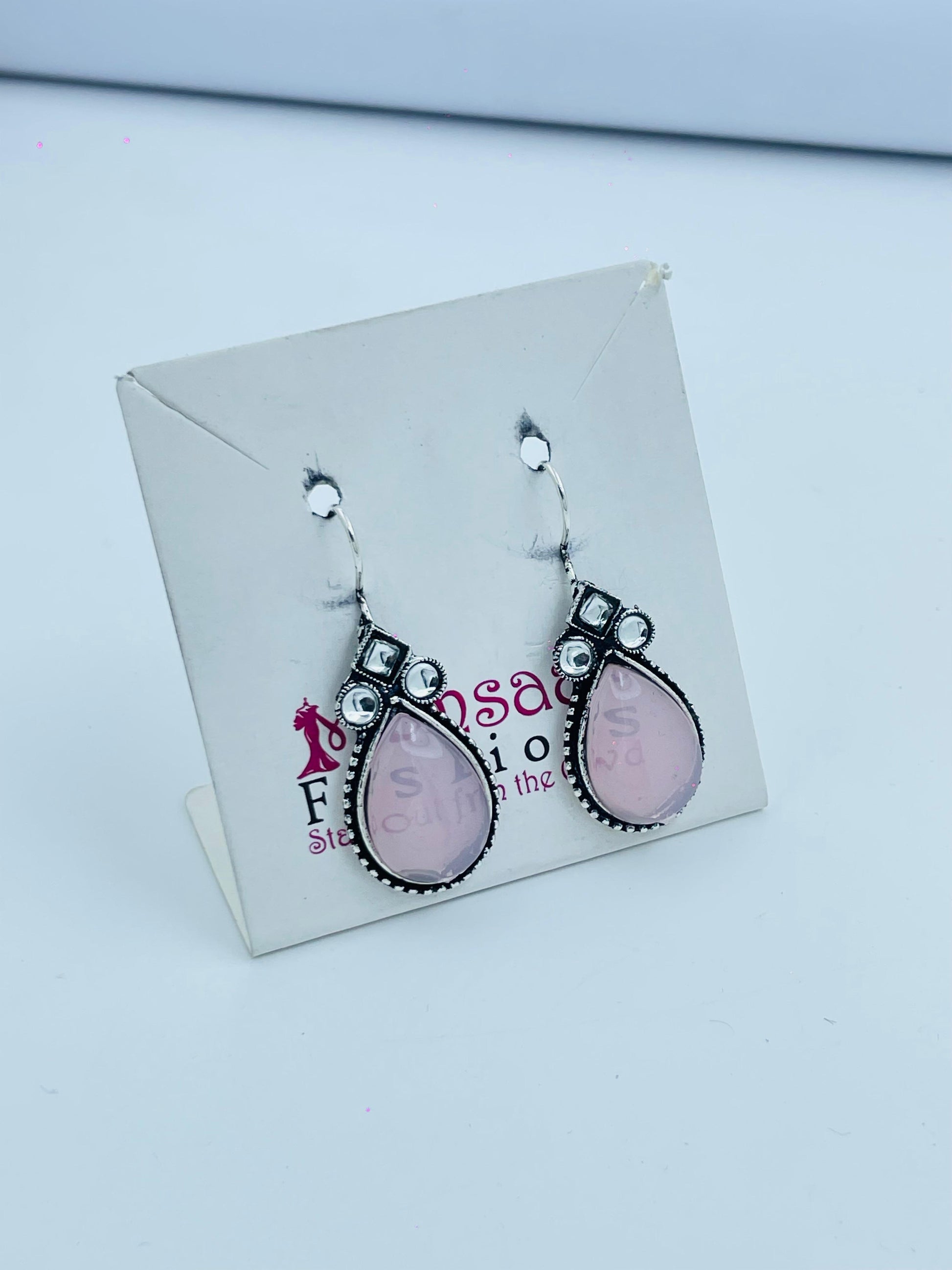 Elegant Silver-Toned Drop Earrings with Soft Pink Stones