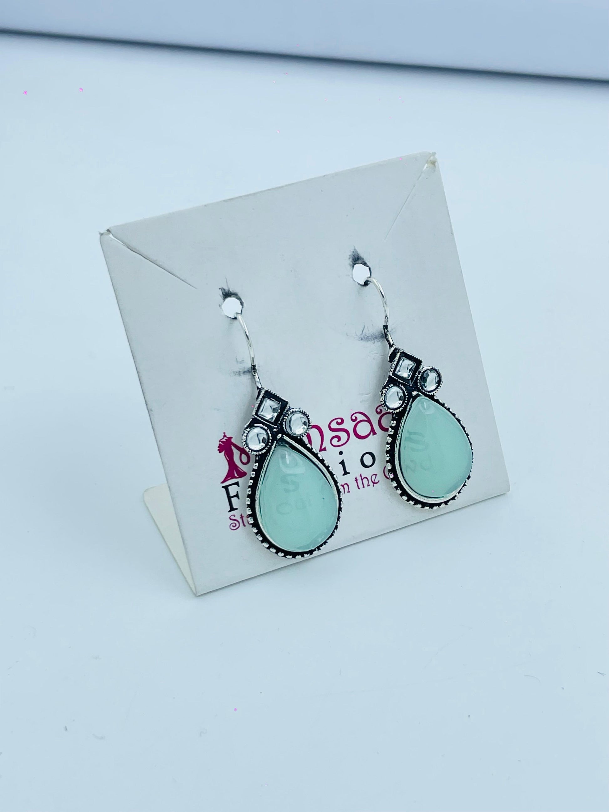 Elegant Silver-Toned Drop Earrings with Mint Green Stones