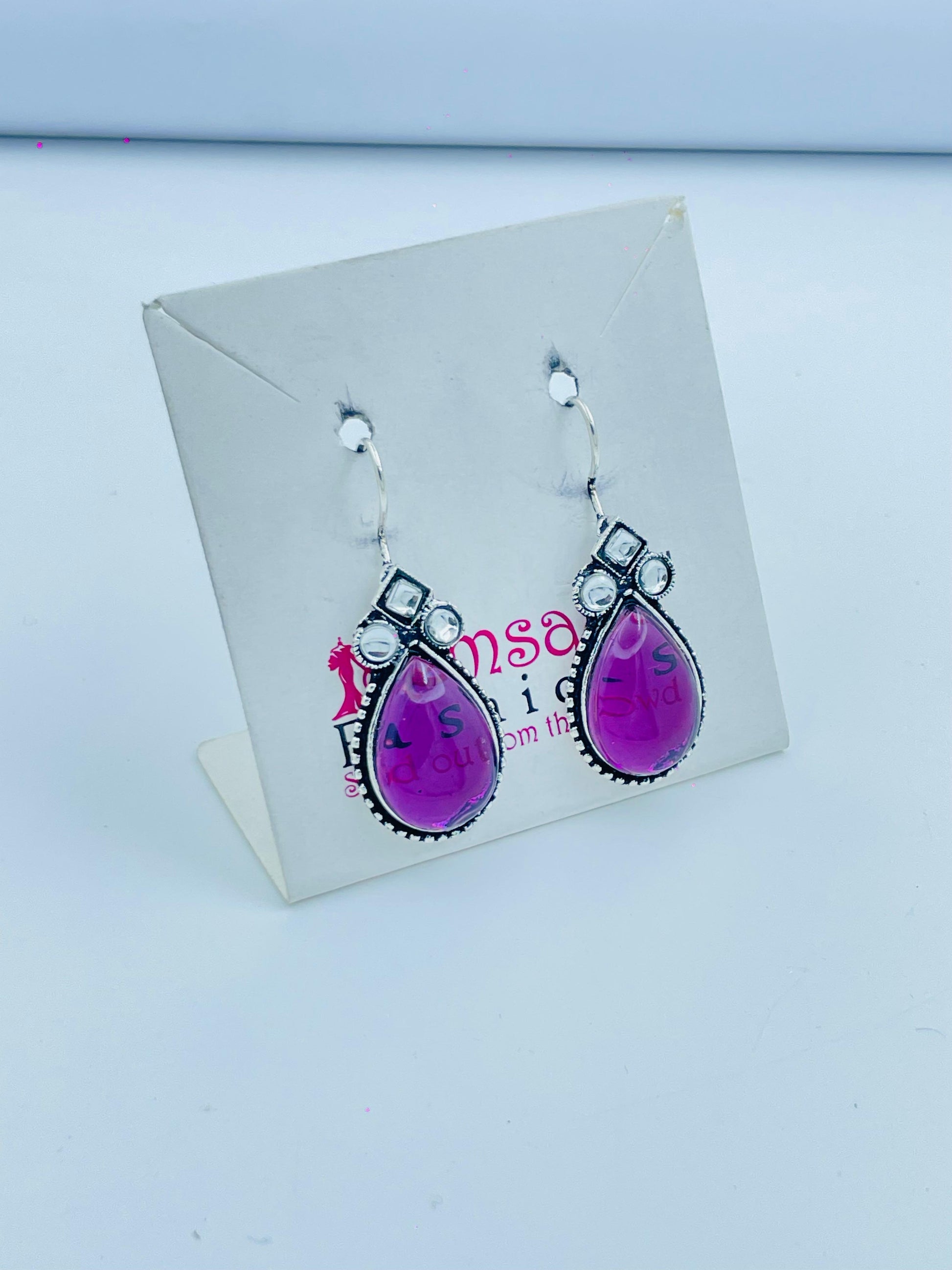 Elegant Silver-Toned Drop Earrings with Vibrant Purple Stones