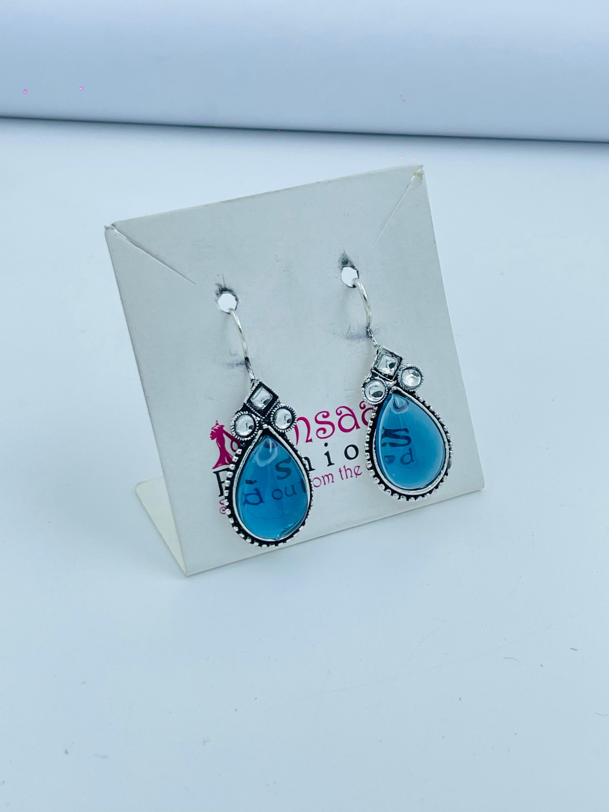 Elegant Silver-Toned Drop Earrings with Sky Blue Stones