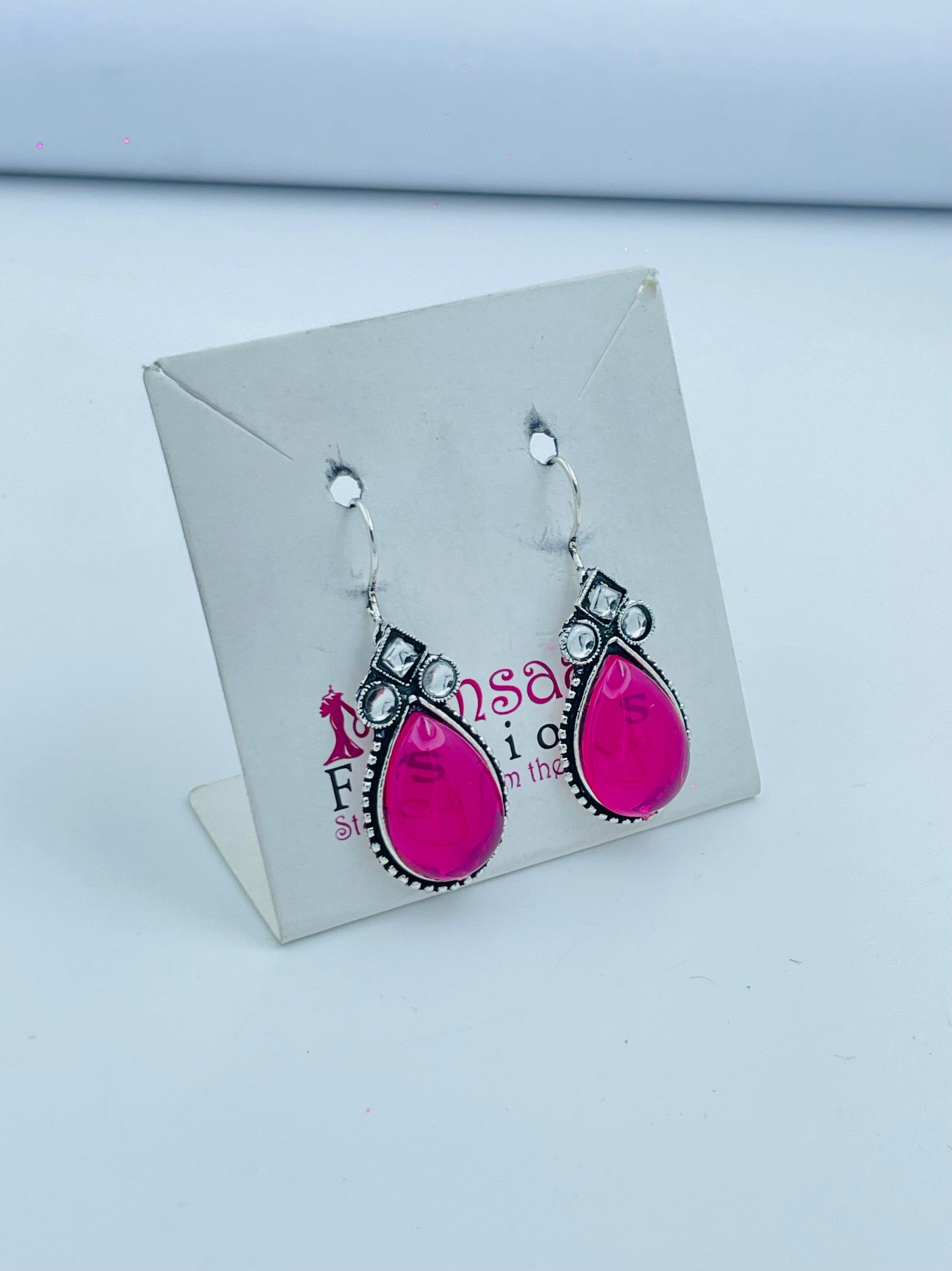 Elegant Silver-Toned Drop Earrings with Bright Pink Stones
