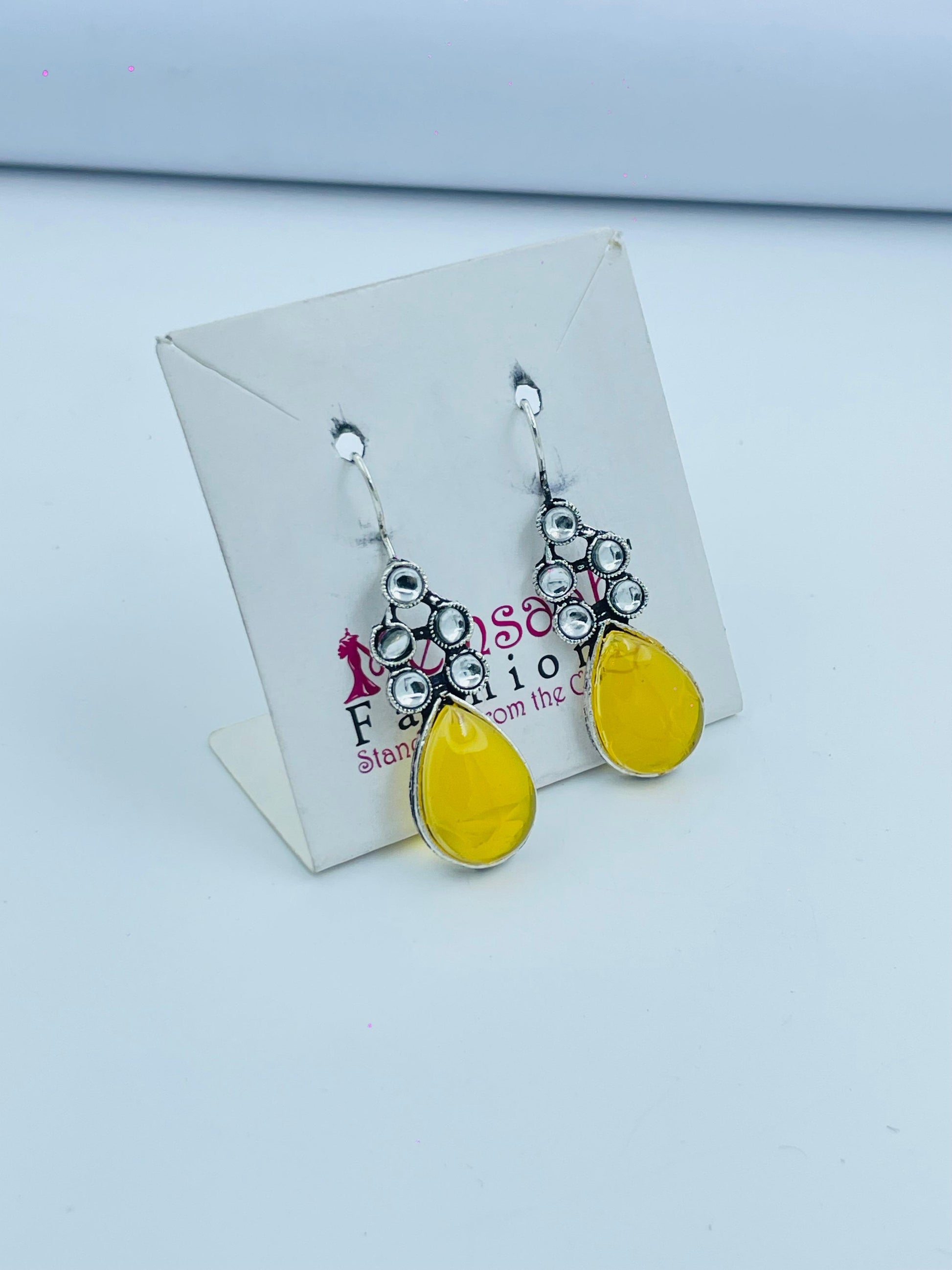 Bright Yellow Teardrop Earrings with Silver Detailing