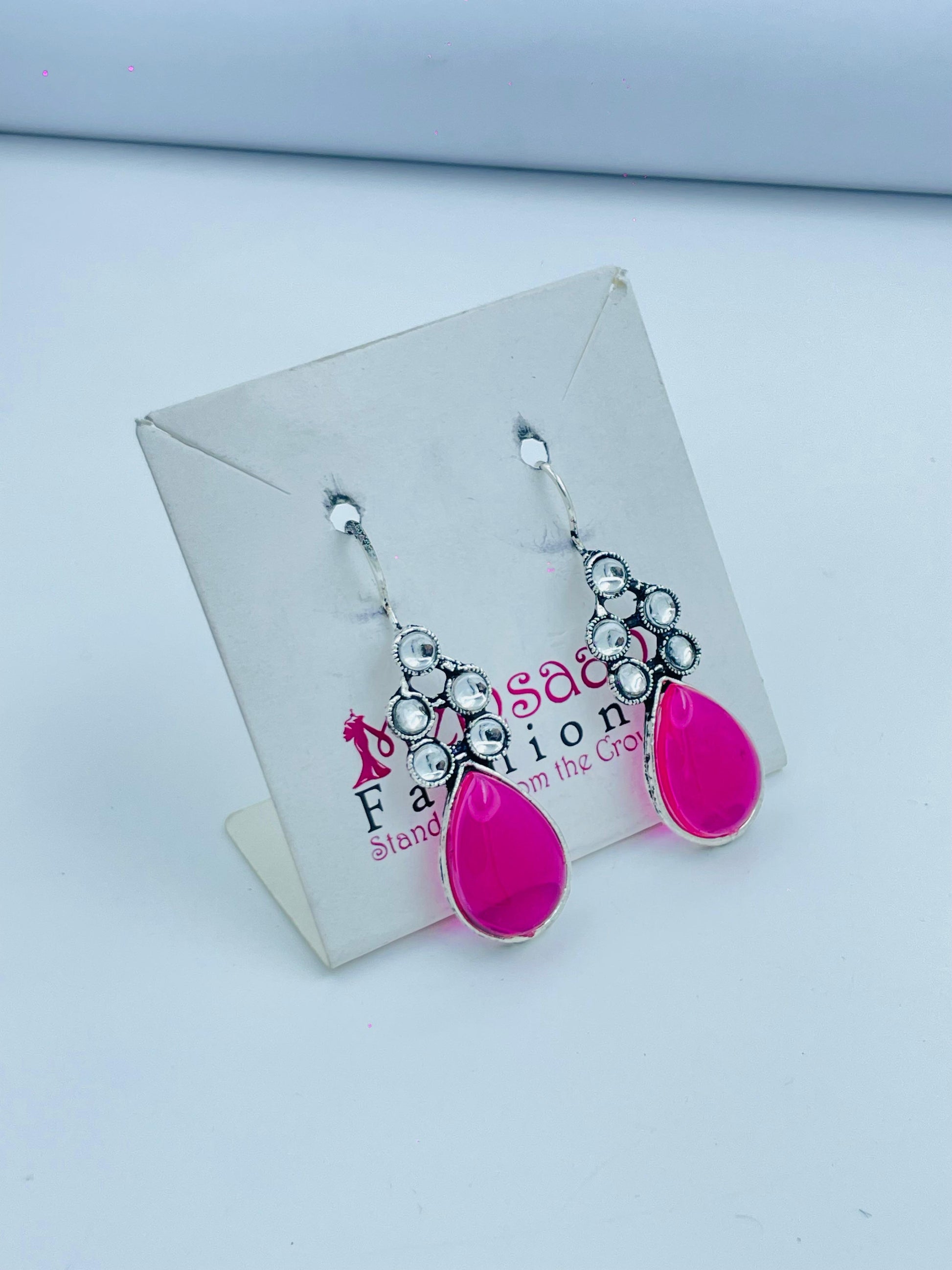 Vibrant Pink Teardrop Earrings with Silver Detailing
