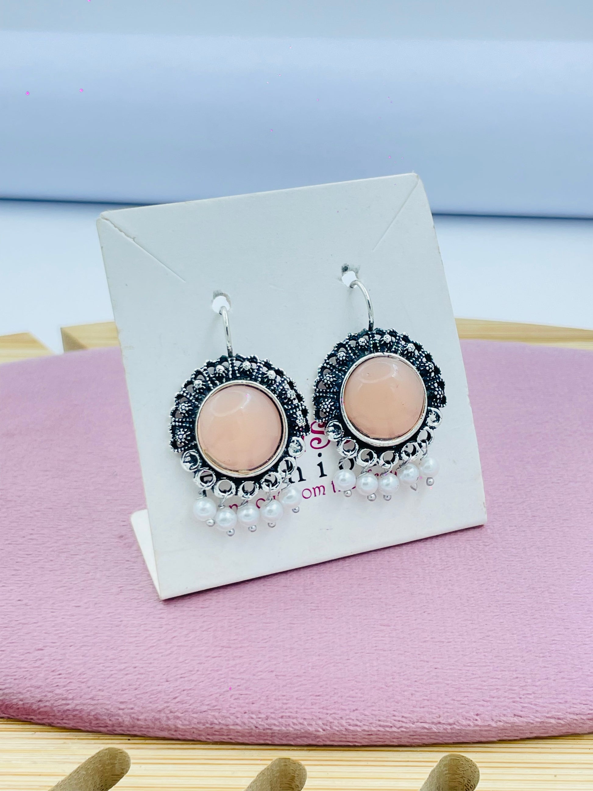 Elegant Pink Stone Beaded Hoop Earrings