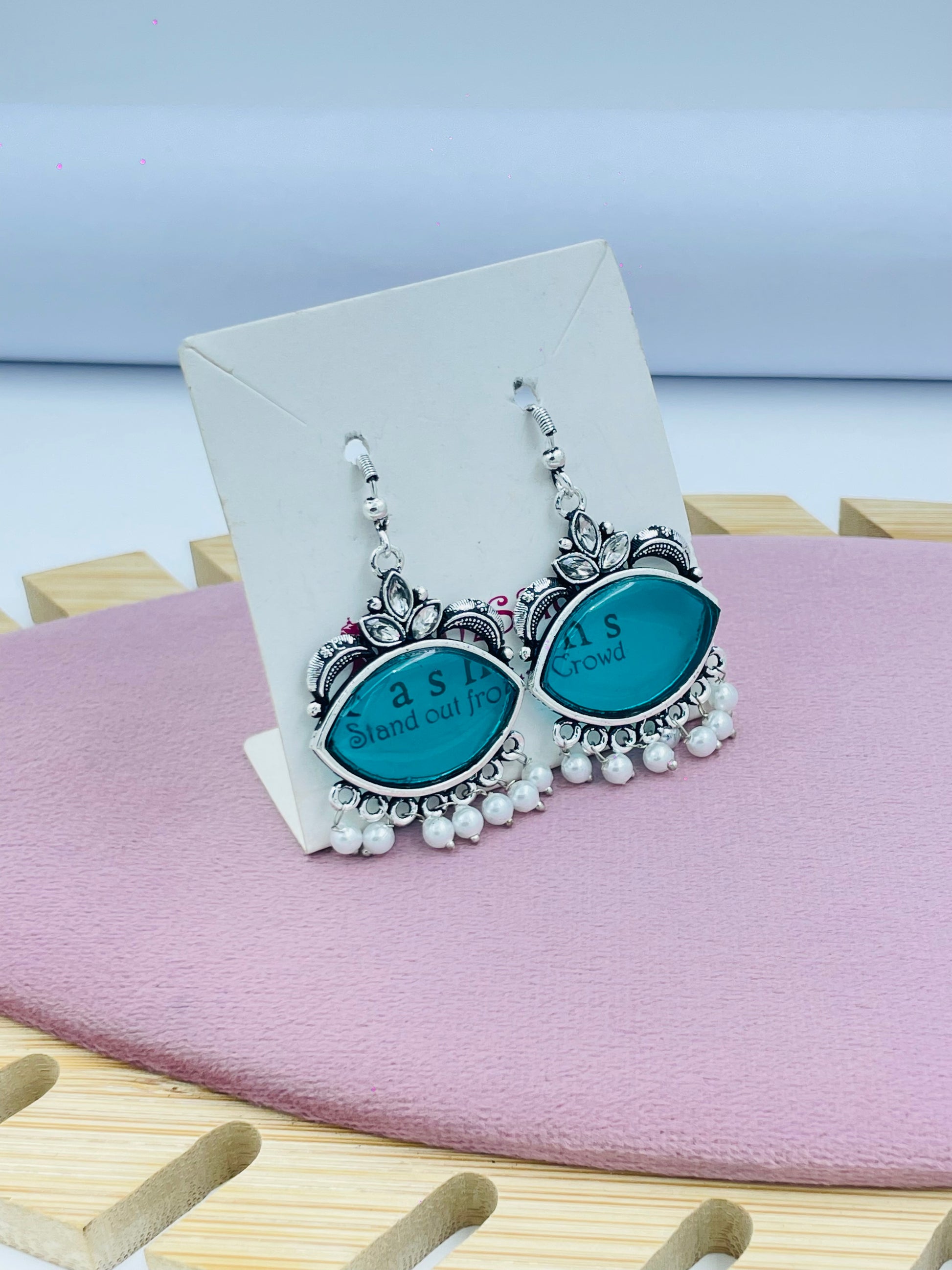 Silver Statement Earrings  Blue Oval Design