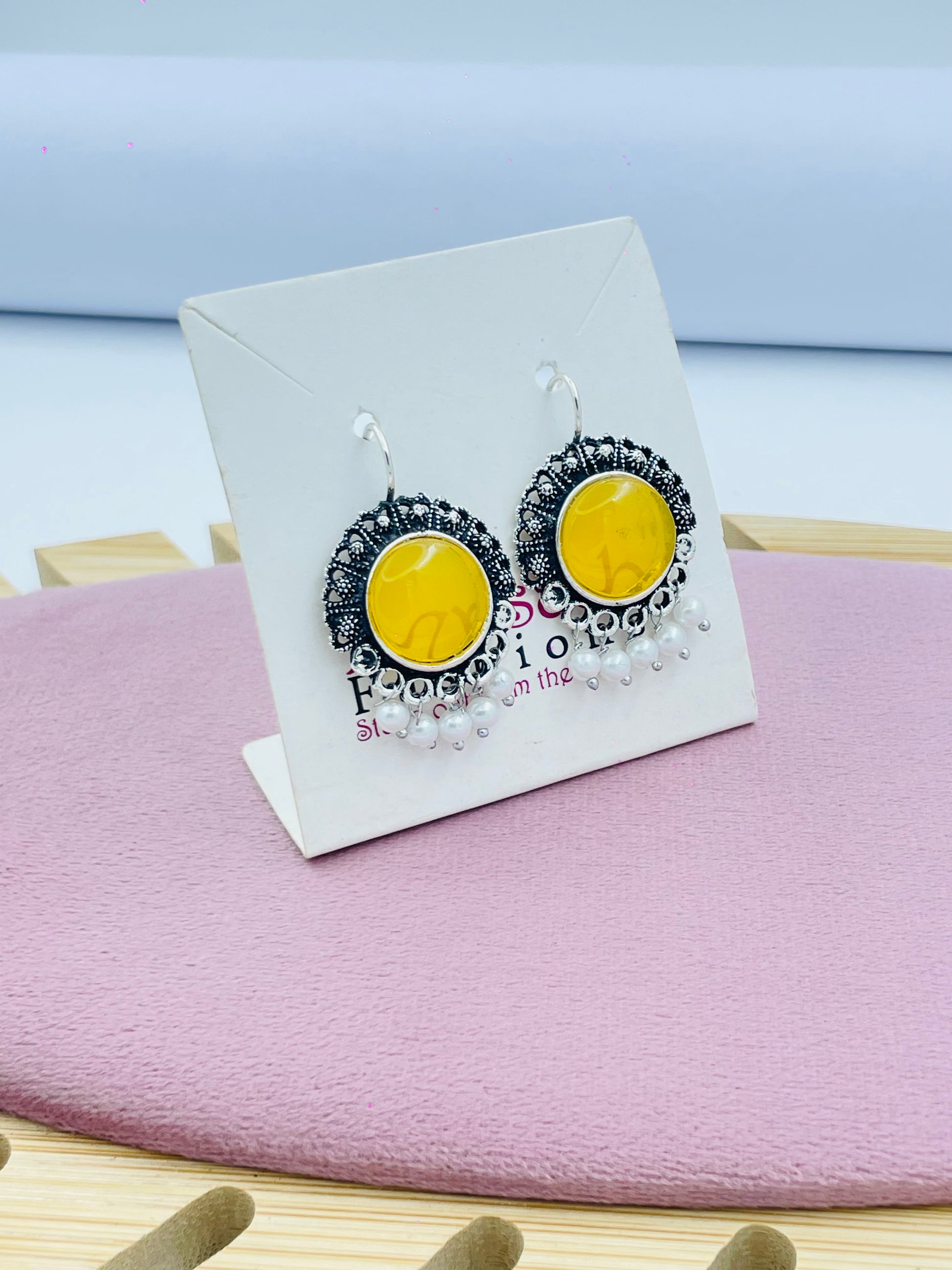 Stylish Yellow and Silver Drop Earrings with Pearl Accents
