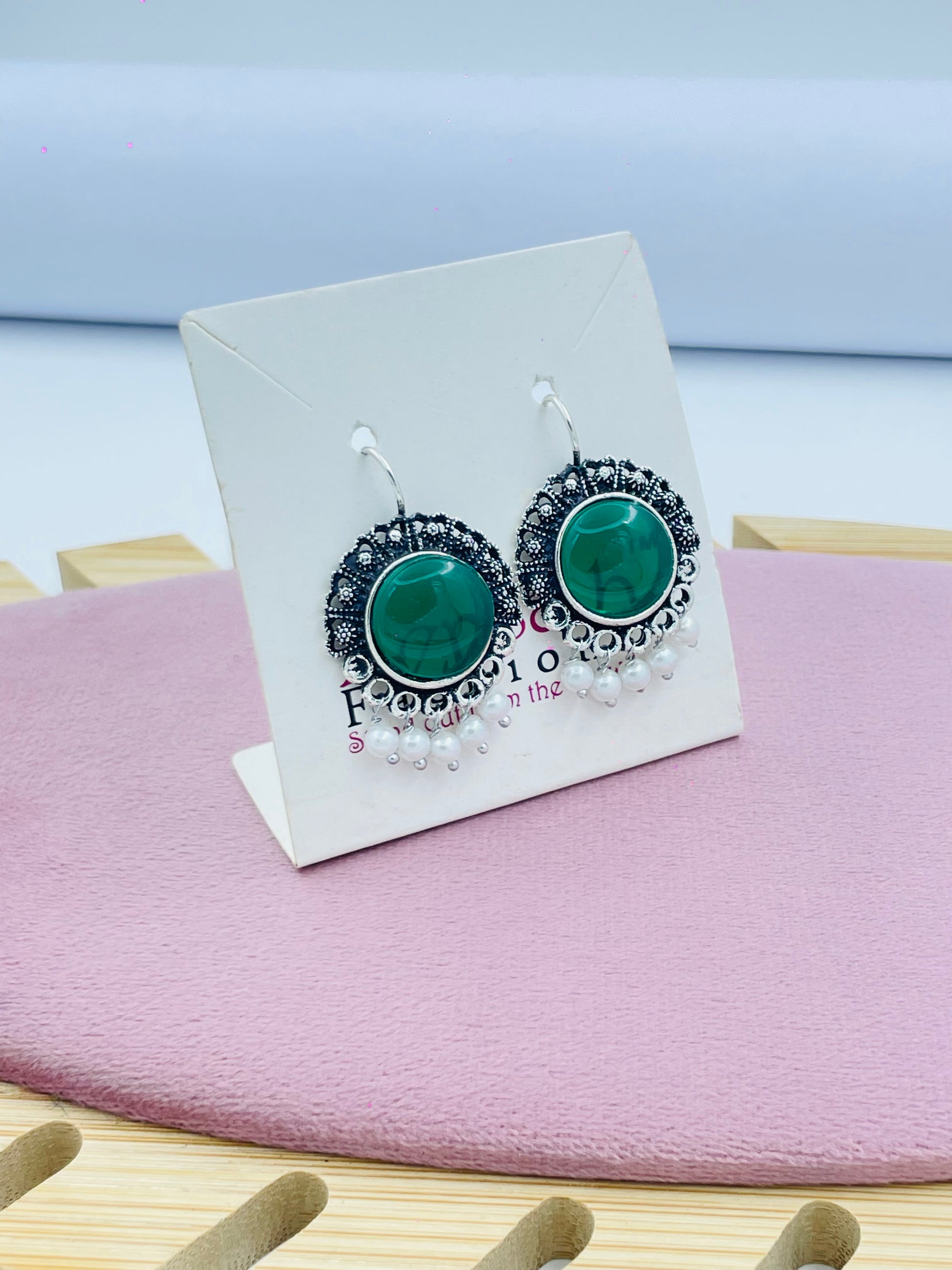 Elegant Green Gemstone Lace Hoop Earrings